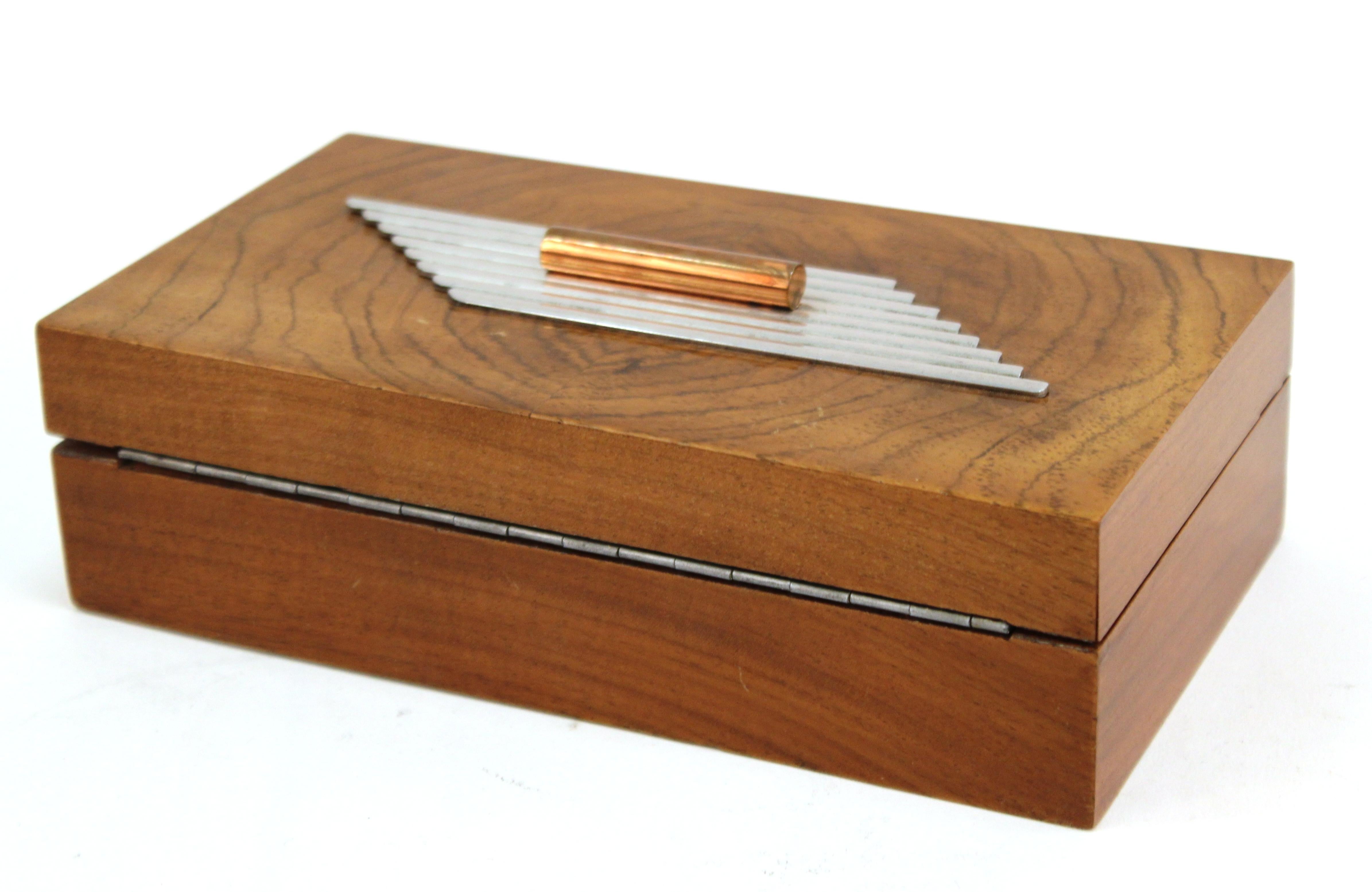 Mid-20th Century Art Deco Wooden Trinket Box with Metal Handle