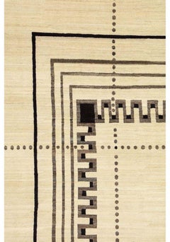 Art Deco Wool and Silk, Black and Cream, Persian Carpet, 10x14