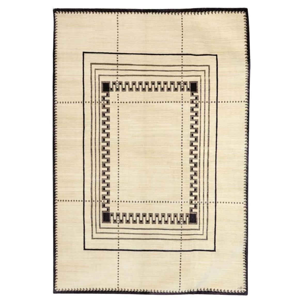 Art déco-Teppich aus Wolle und Seide, Schwarz und Creme, Persisch, Orley Shabahang, 10x14