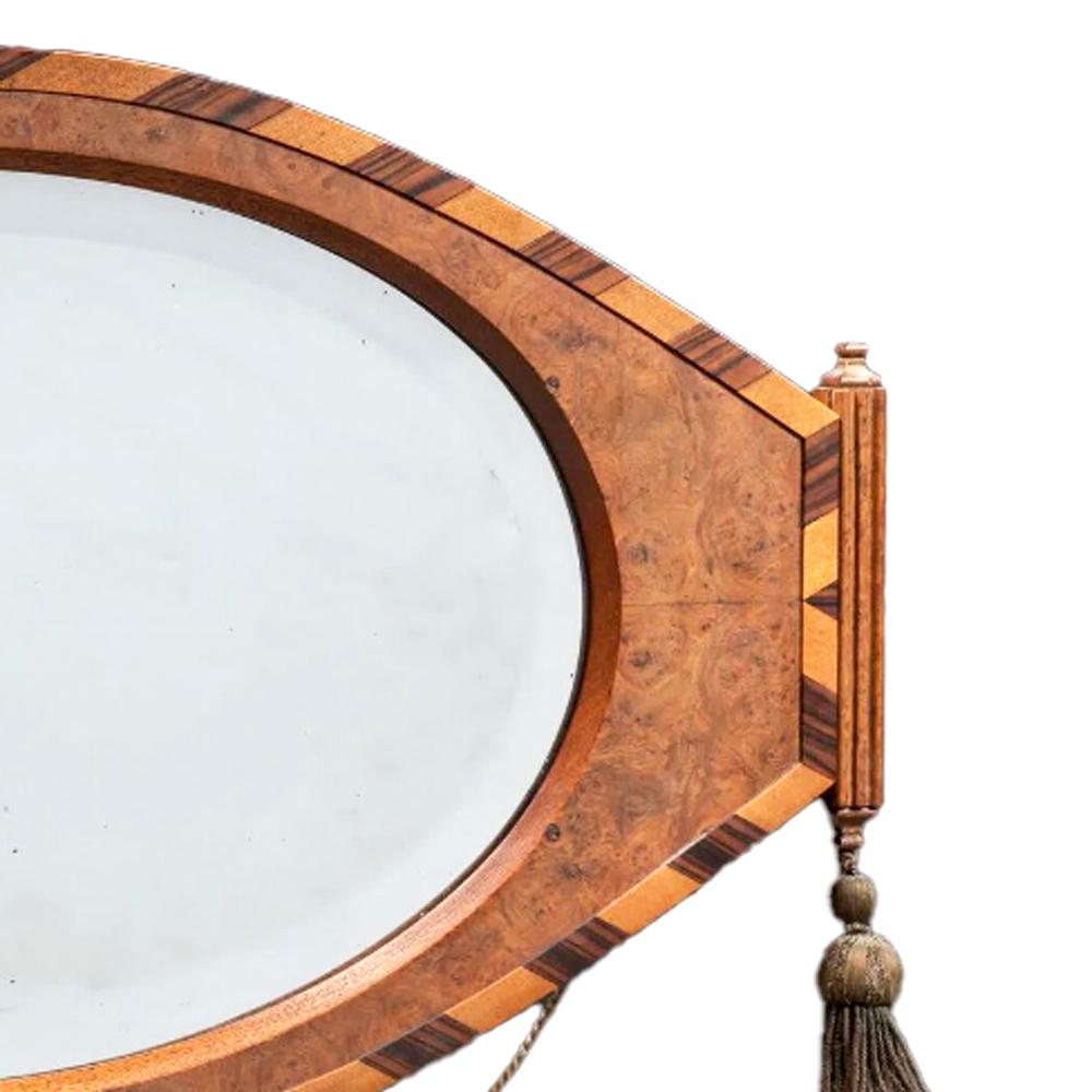 XX secolo Specchio da appendere in legno impiallacciato e intarsiato in stile Art Deco con due nappe ornamentali in vendita