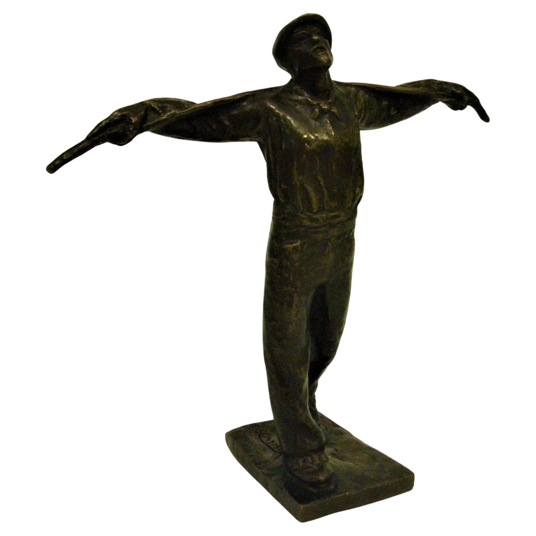 Art Deco Working Man Bronze Sculpture, Edouard Cazaux, France, 1920's