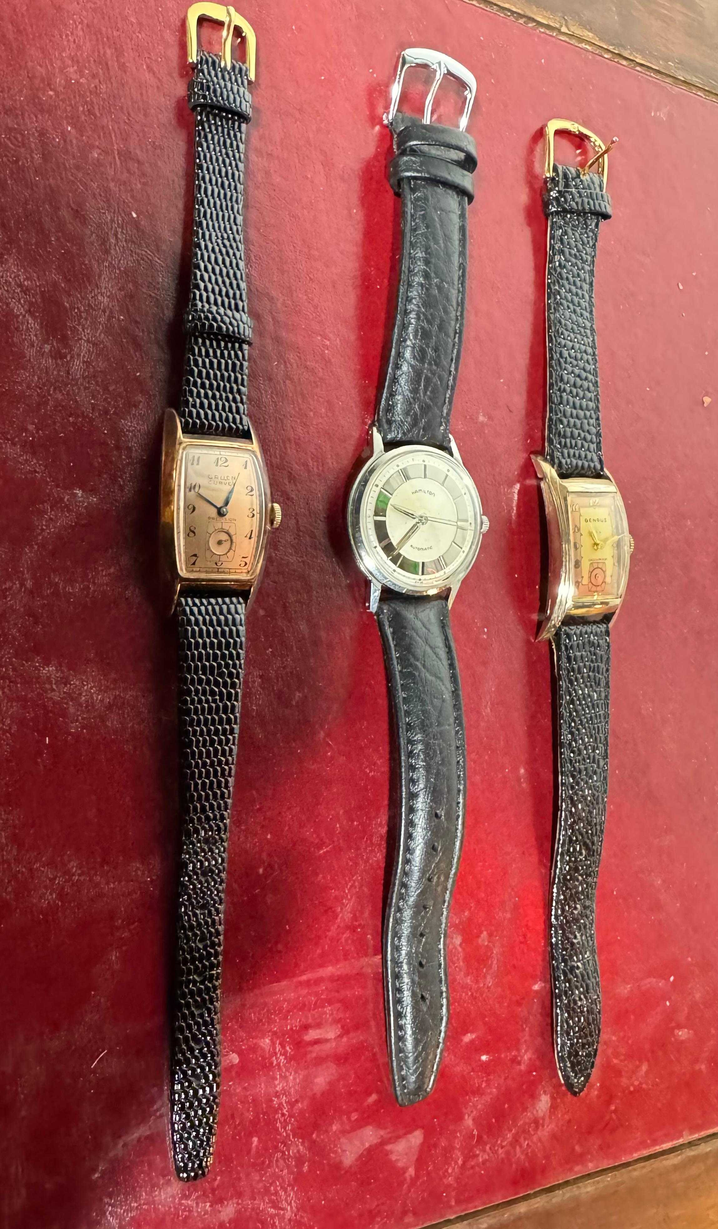 Gold Plate Art Deco Wrist Watch's / HAMILTON, GRUEN, BENRUS, original dials , serviced For Sale