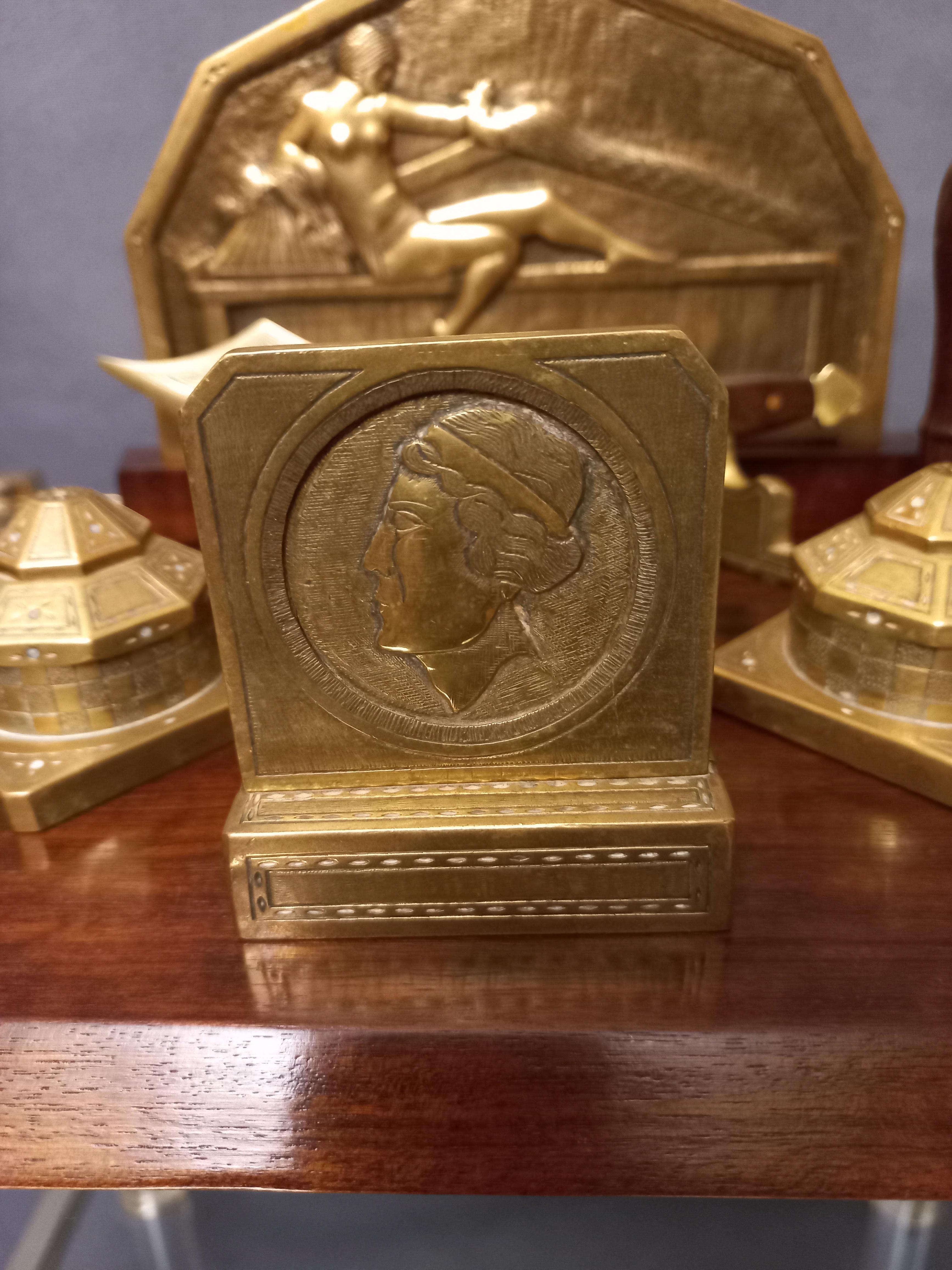 Art Deco Writing Case In Bronze And Exotic Wood. 8 pièces In Excellent Condition For Sale In CHALON-SUR-SAÔNE, FR
