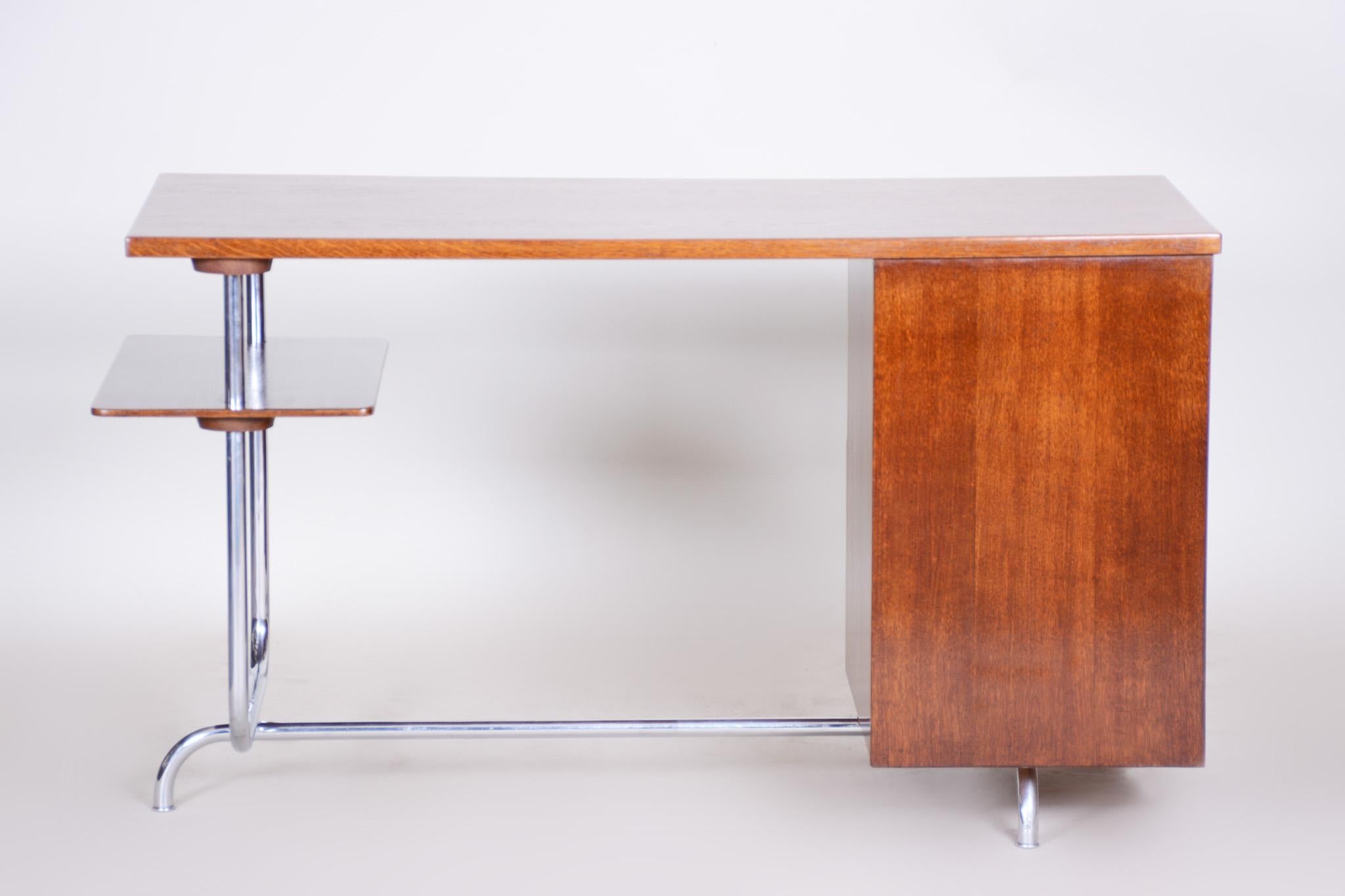 Art Deco Writing Desk Designed by Jindrich Halabala, Oak Walnut Chrome, 1930s For Sale 5