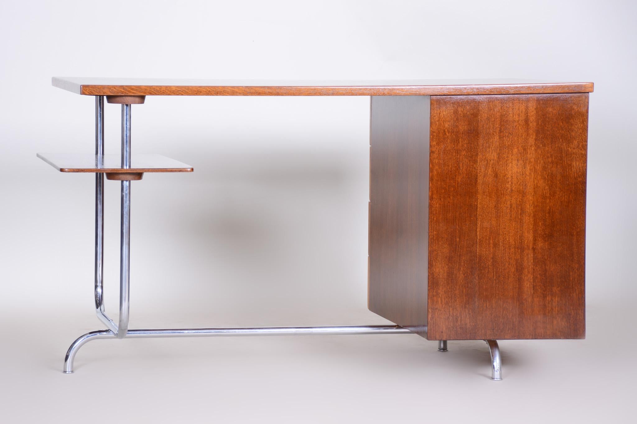 Schreibtisch im Art-déco-Stil von Jindrich Halabala, Eiche, Nussbaum, Chrom, 1930er Jahre im Angebot 5