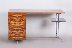 Art Deco Writing Desk Designed by Jindrich Halabala, Oak Walnut Chrome, 1930s