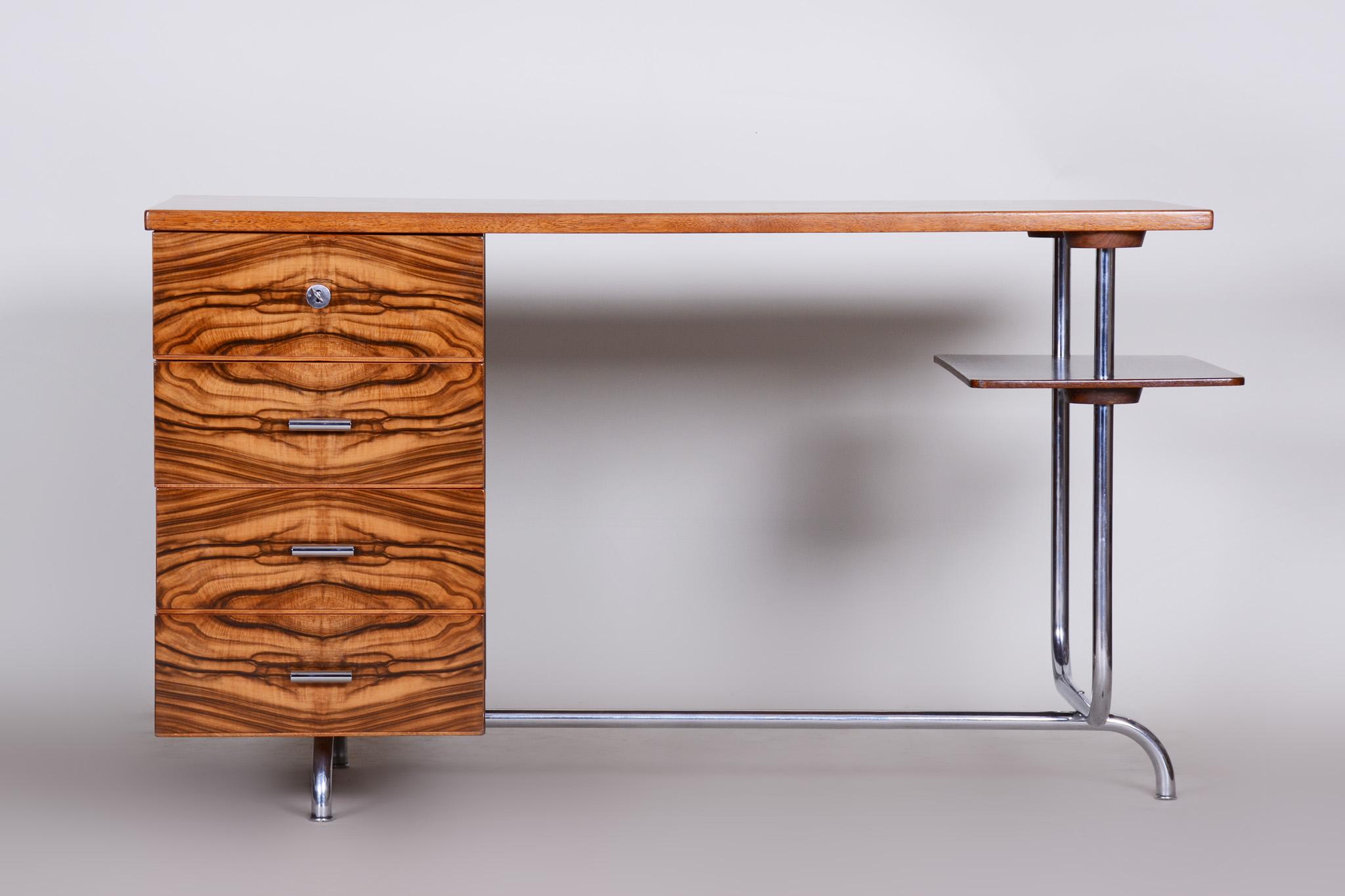 Czech Art Deco Writing Desk Designed by Jindrich Halabala, Oak Walnut Chrome, 1930s For Sale