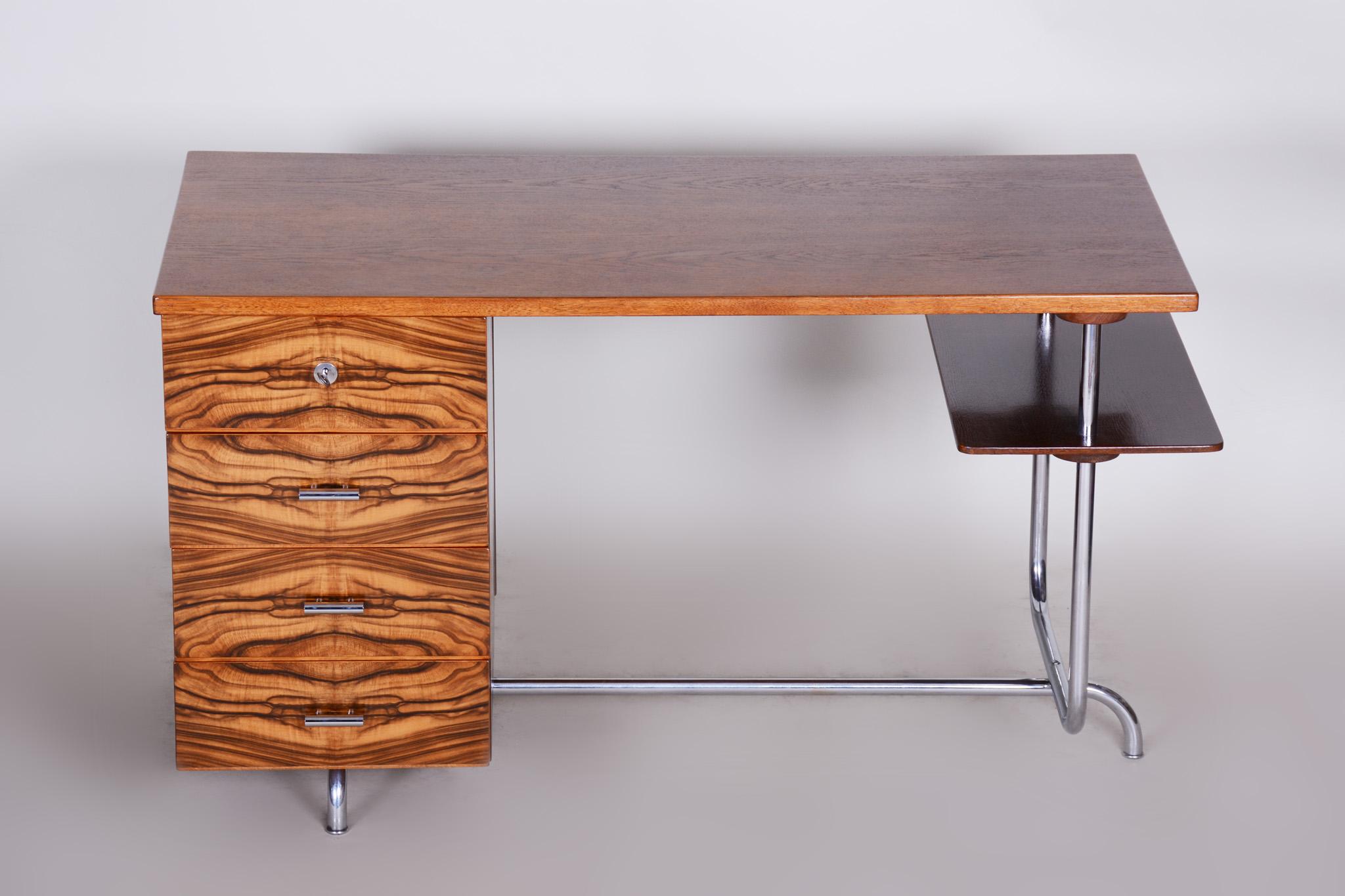 Art Deco Writing Desk Designed by Jindrich Halabala, Oak Walnut Chrome, 1930s In Good Condition For Sale In Horomerice, CZ