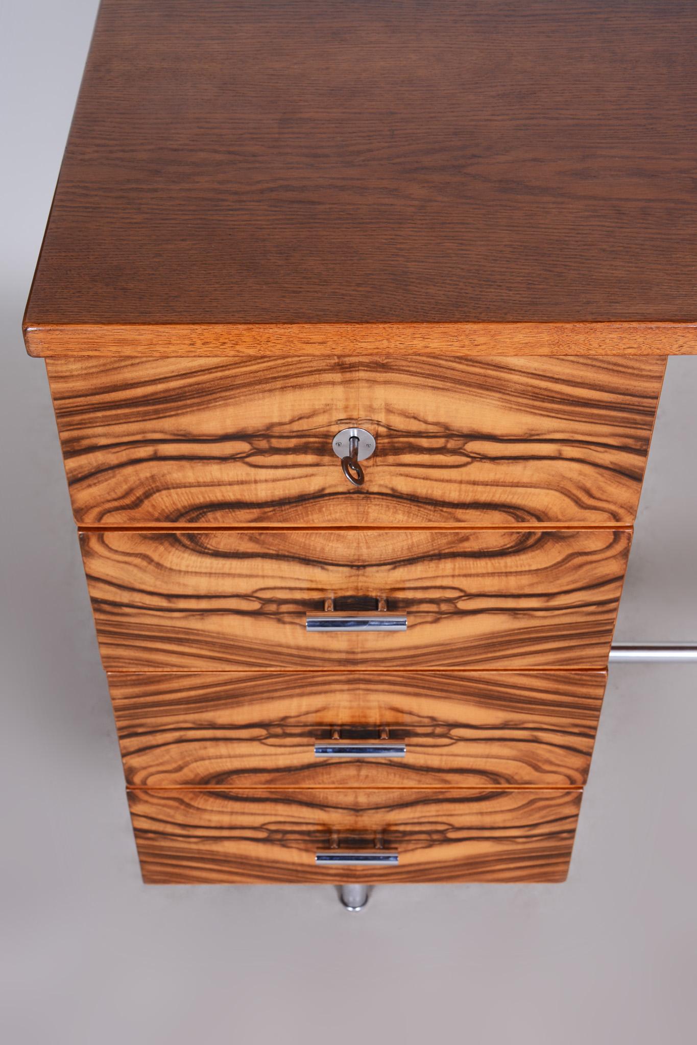 20th Century Art Deco Writing Desk Designed by Jindrich Halabala, Oak Walnut Chrome, 1930s For Sale