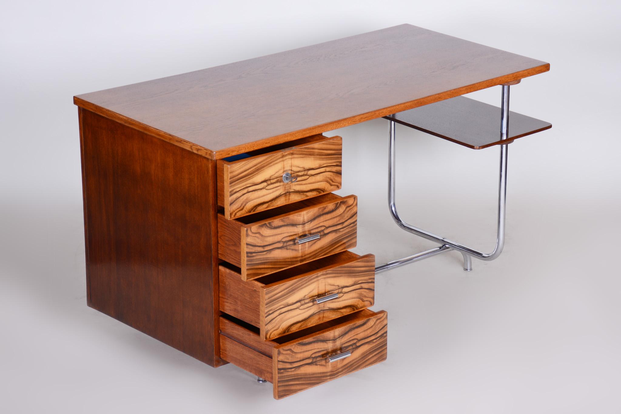 Art Deco Writing Desk Designed by Jindrich Halabala, Oak Walnut Chrome, 1930s For Sale 2