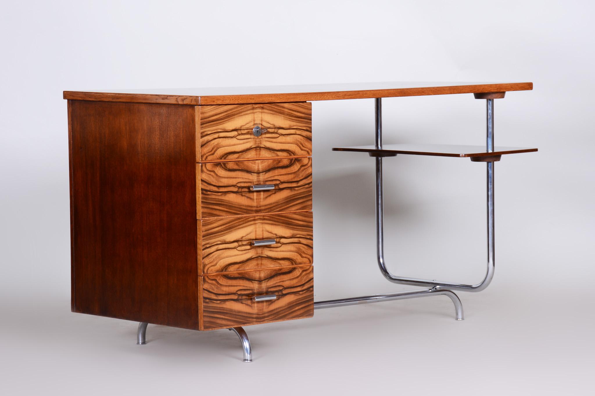 Art Deco Writing Desk Designed by Jindrich Halabala, Oak Walnut Chrome, 1930s For Sale 3