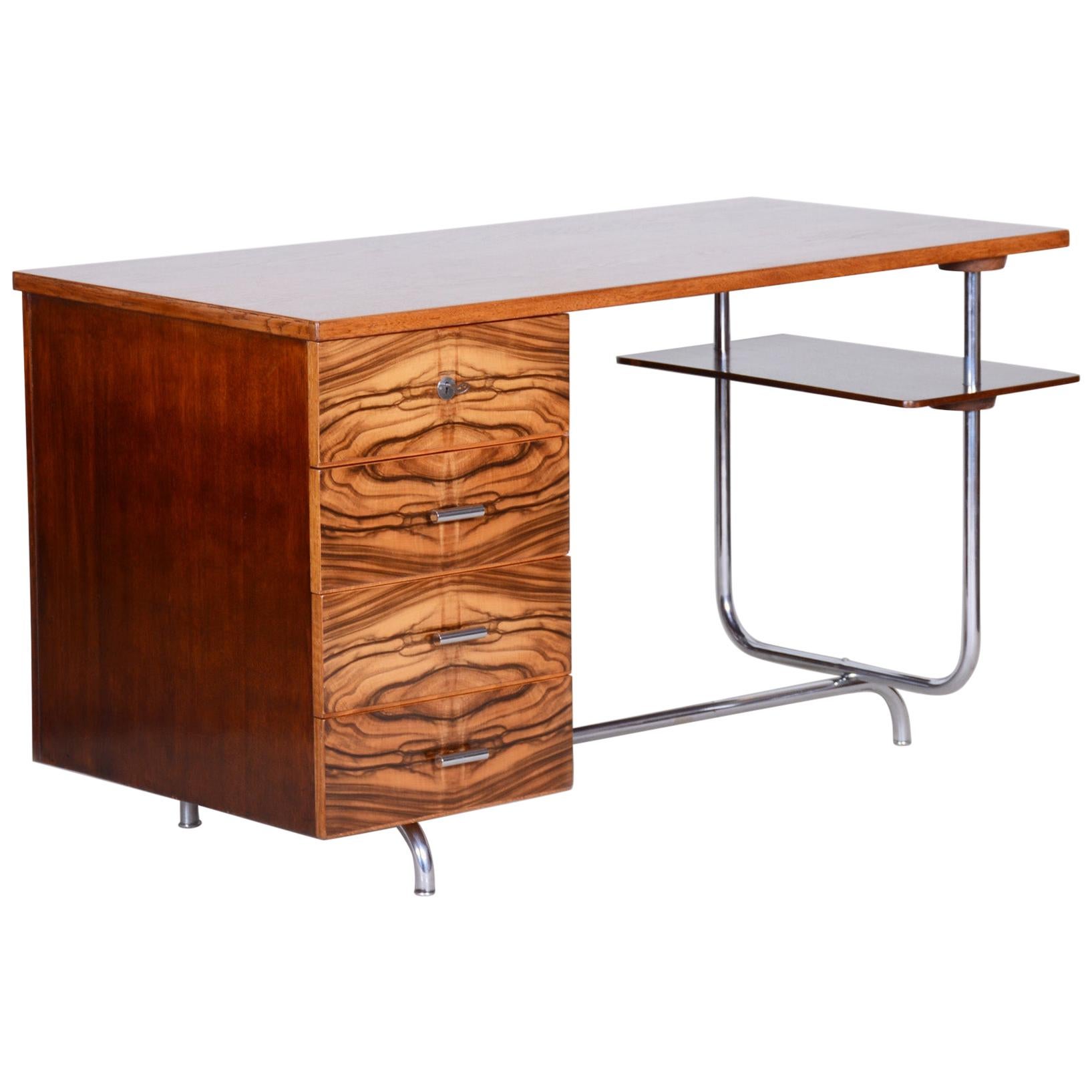 Art Deco Writing Desk Designed by Jindrich Halabala, Oak Walnut Chrome, 1930s For Sale