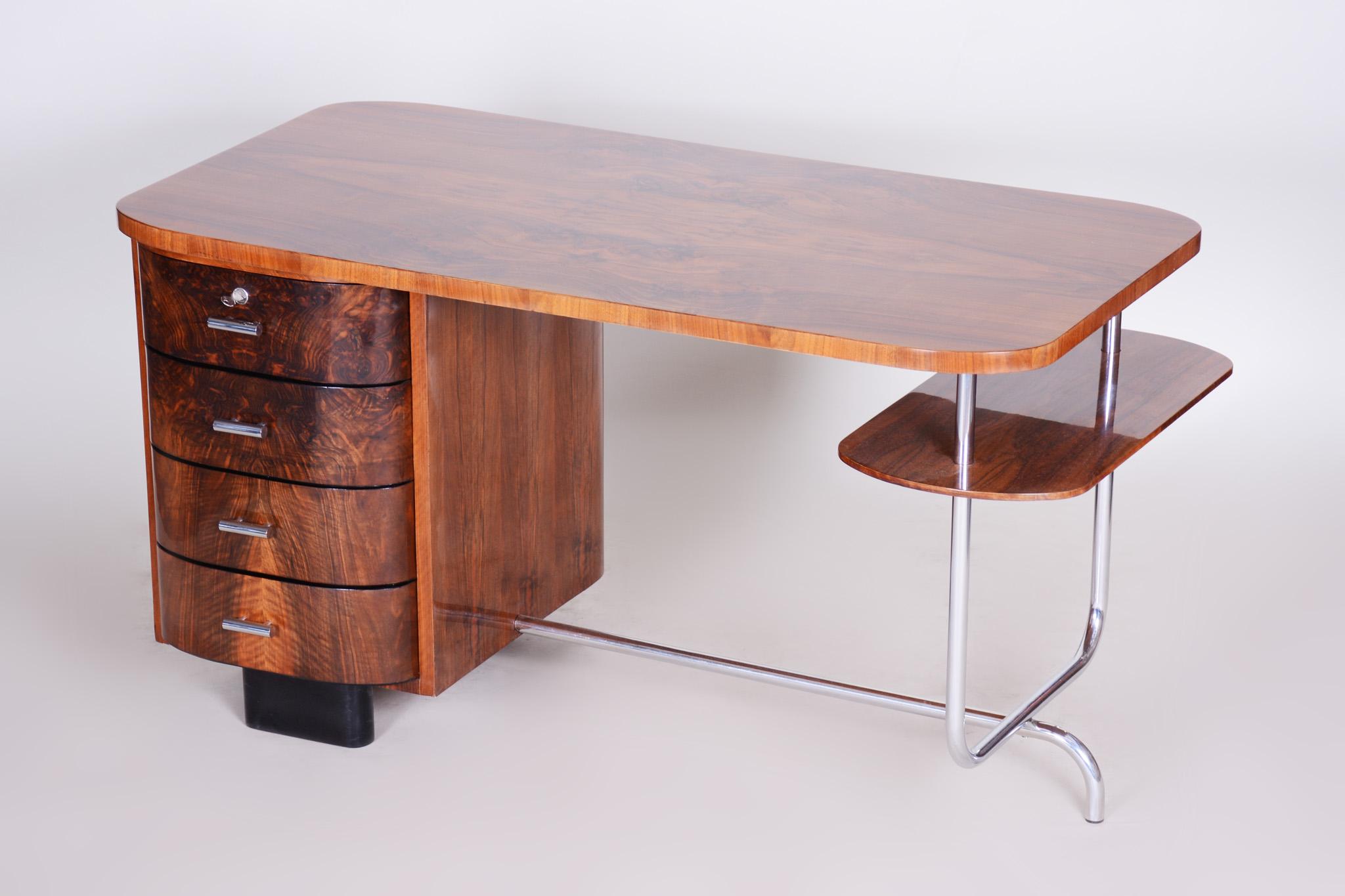 Art Deco Writing Desk H-180 Designed by Jindrich Halabala, Walnut Chrome, 1930s 1