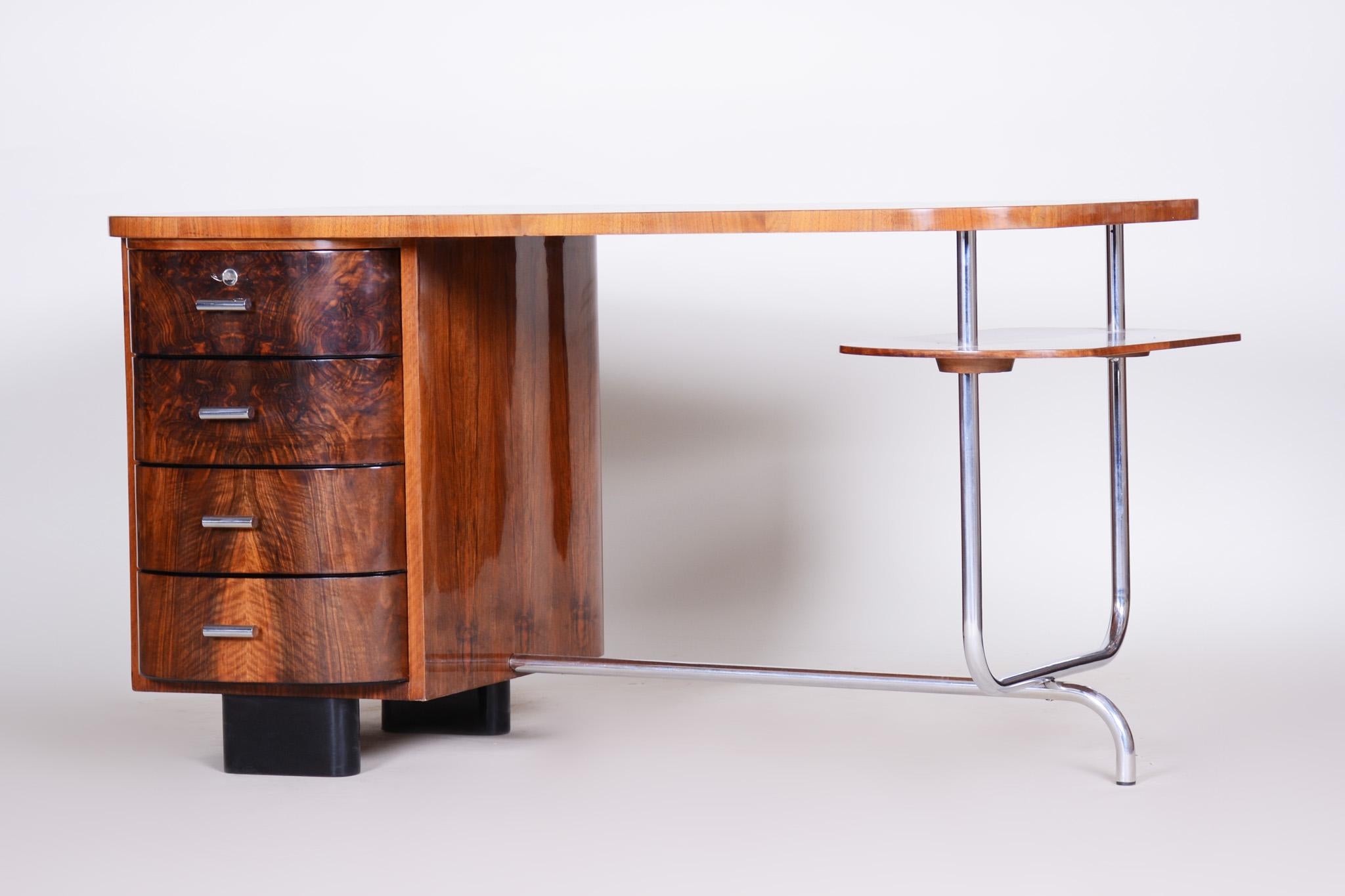 Art Deco Writing Desk H-180 Designed by Jindrich Halabala, Walnut Chrome, 1930s 2