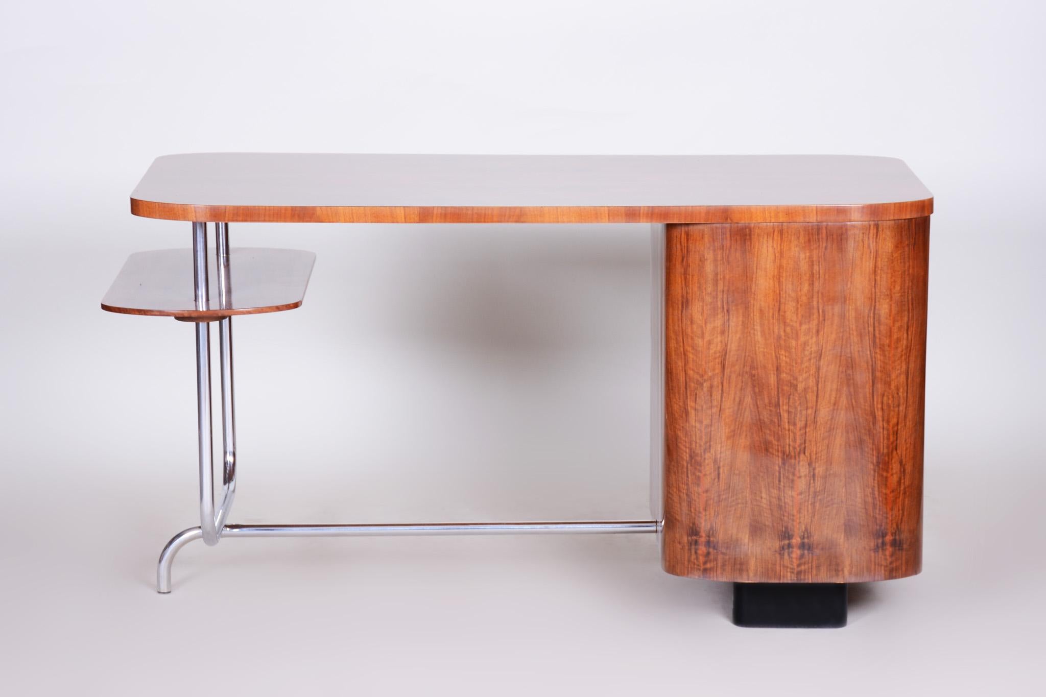 Art Deco Writing Desk H-180 Designed by Jindrich Halabala, Walnut Chrome, 1930s 4