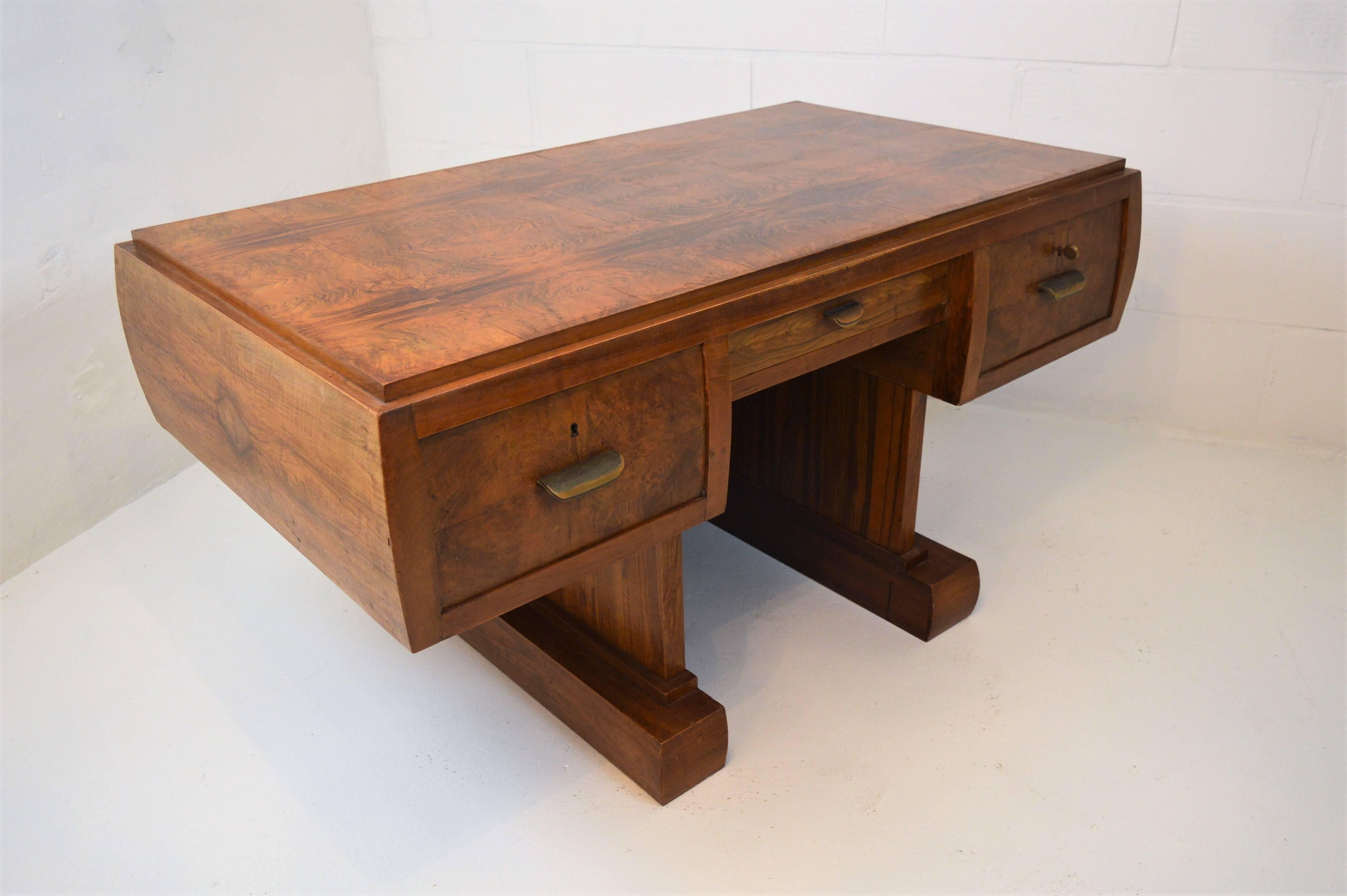 Mid-20th Century Art Deco Writing Desk in Walnut on a Central Base