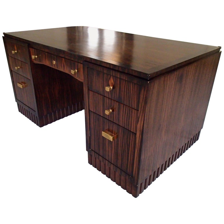 Art Deco Writing Desk Oak On Ebene De Macassar 6 Drawers For Sale