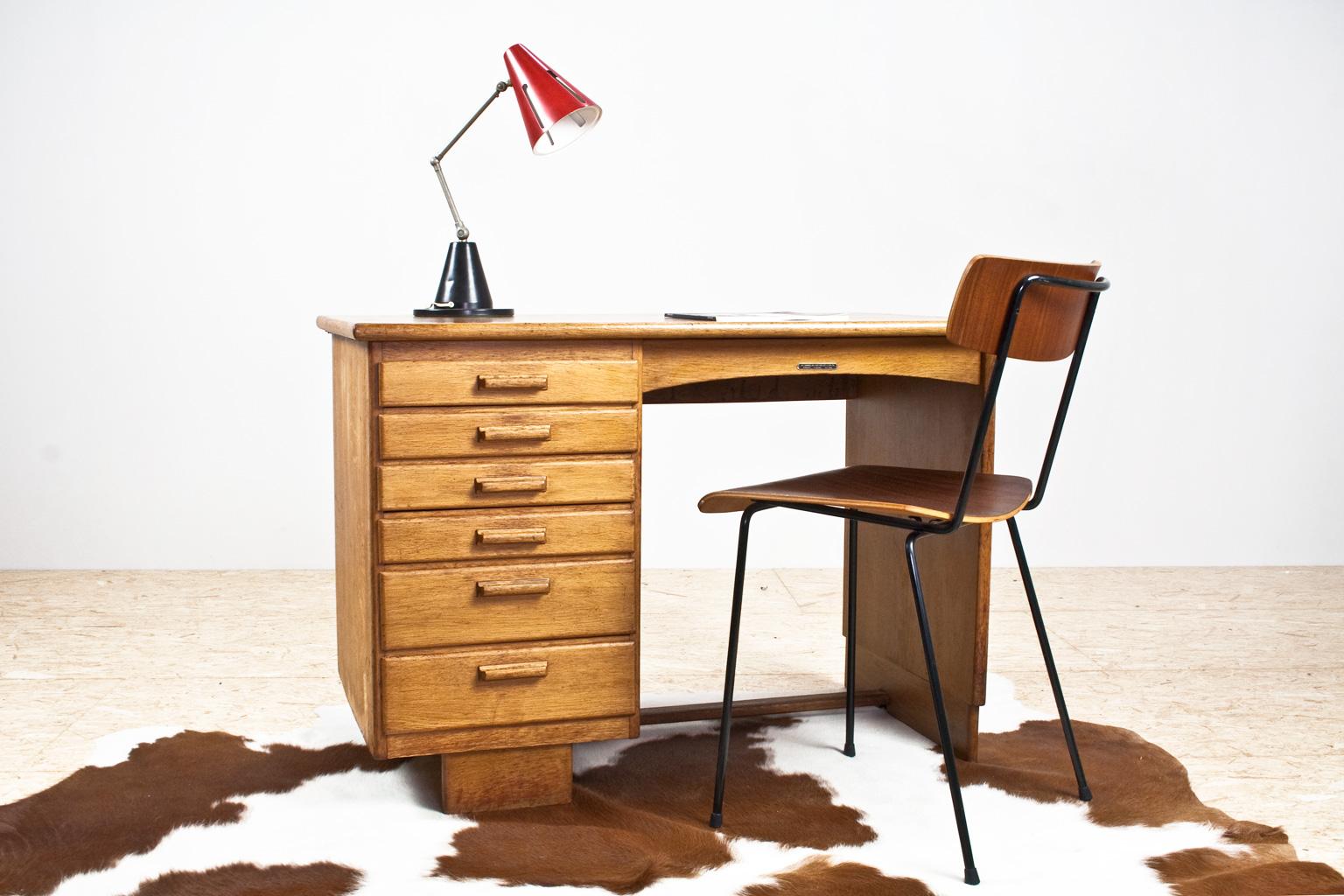 Stained Art Deco Writing Table and Petit Desk in Solid Oak, Dutch Modernist, 1930s