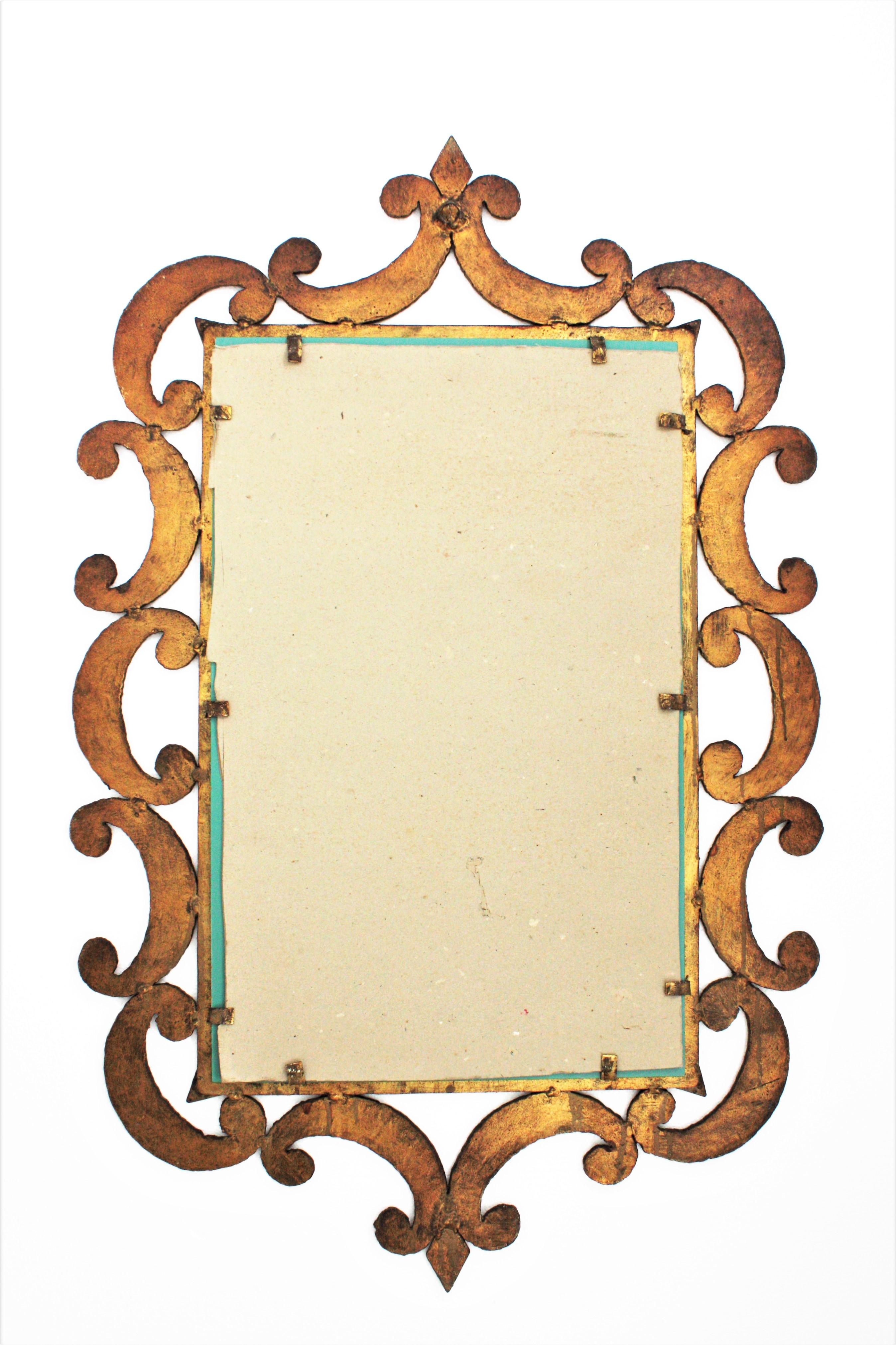 Art Deco Wrought Gilt Iron Mirror with Scroll Detailing, France, 1930s 3