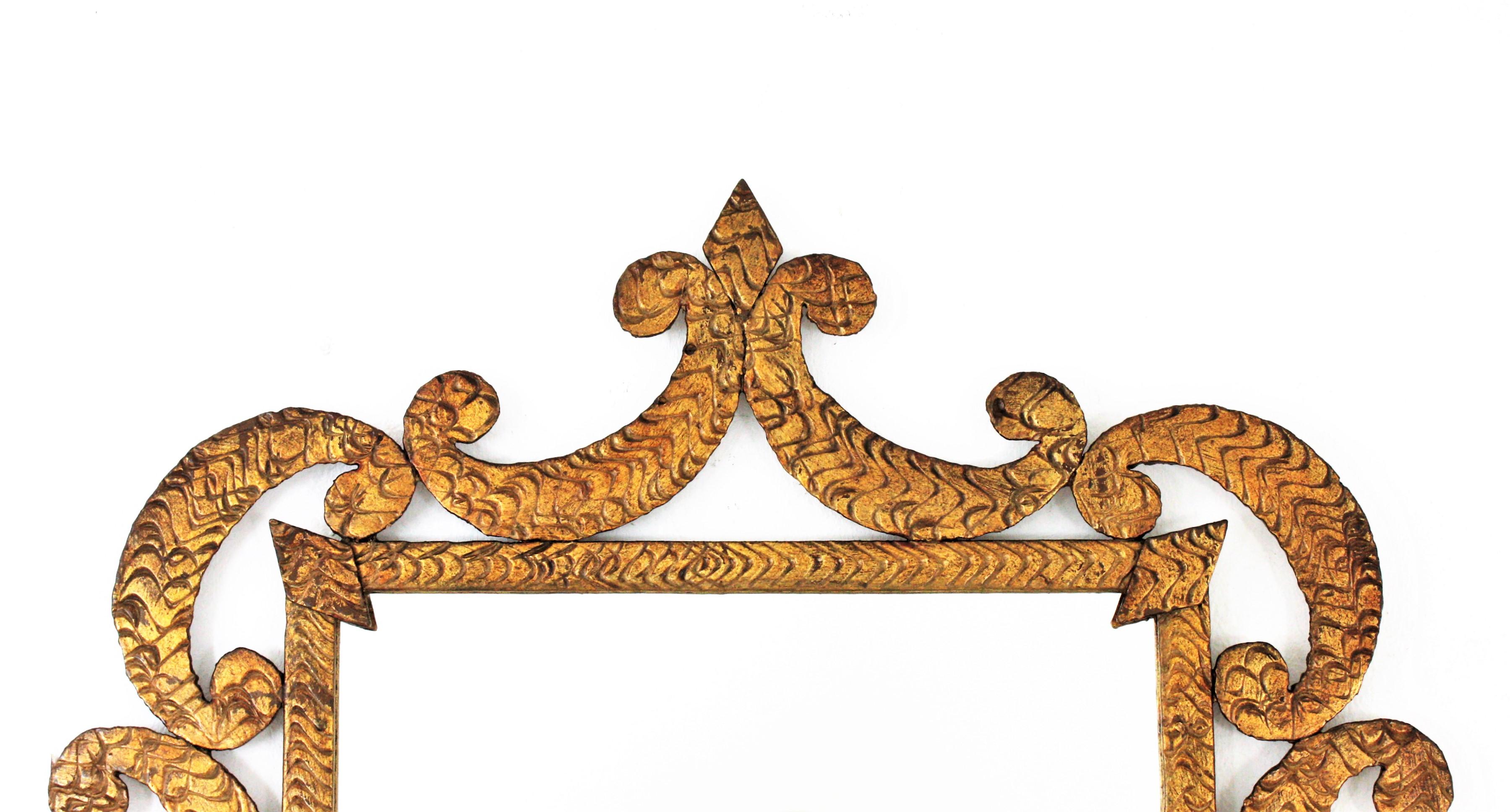 French Art Deco Wrought Gilt Iron Mirror with Scroll Detailing, France, 1930s