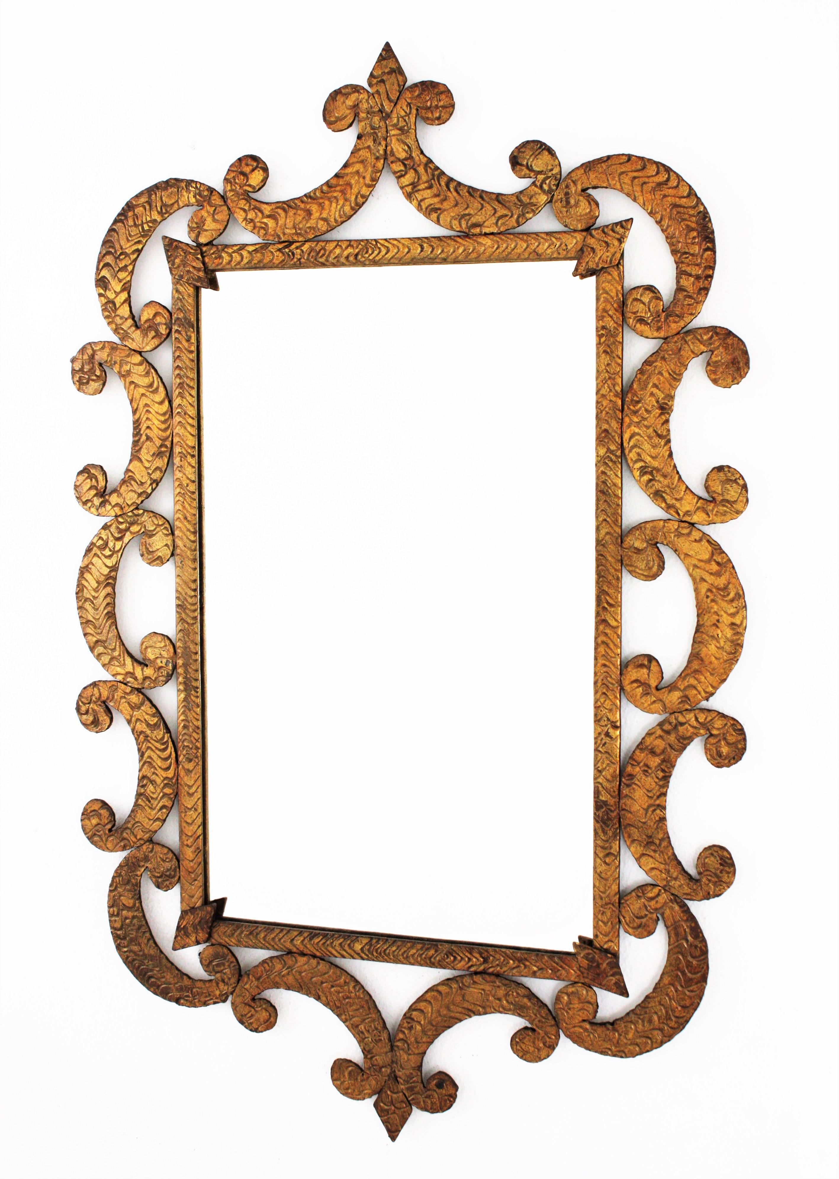 Hammered Art Deco Wrought Gilt Iron Mirror with Scroll Detailing, France, 1930s