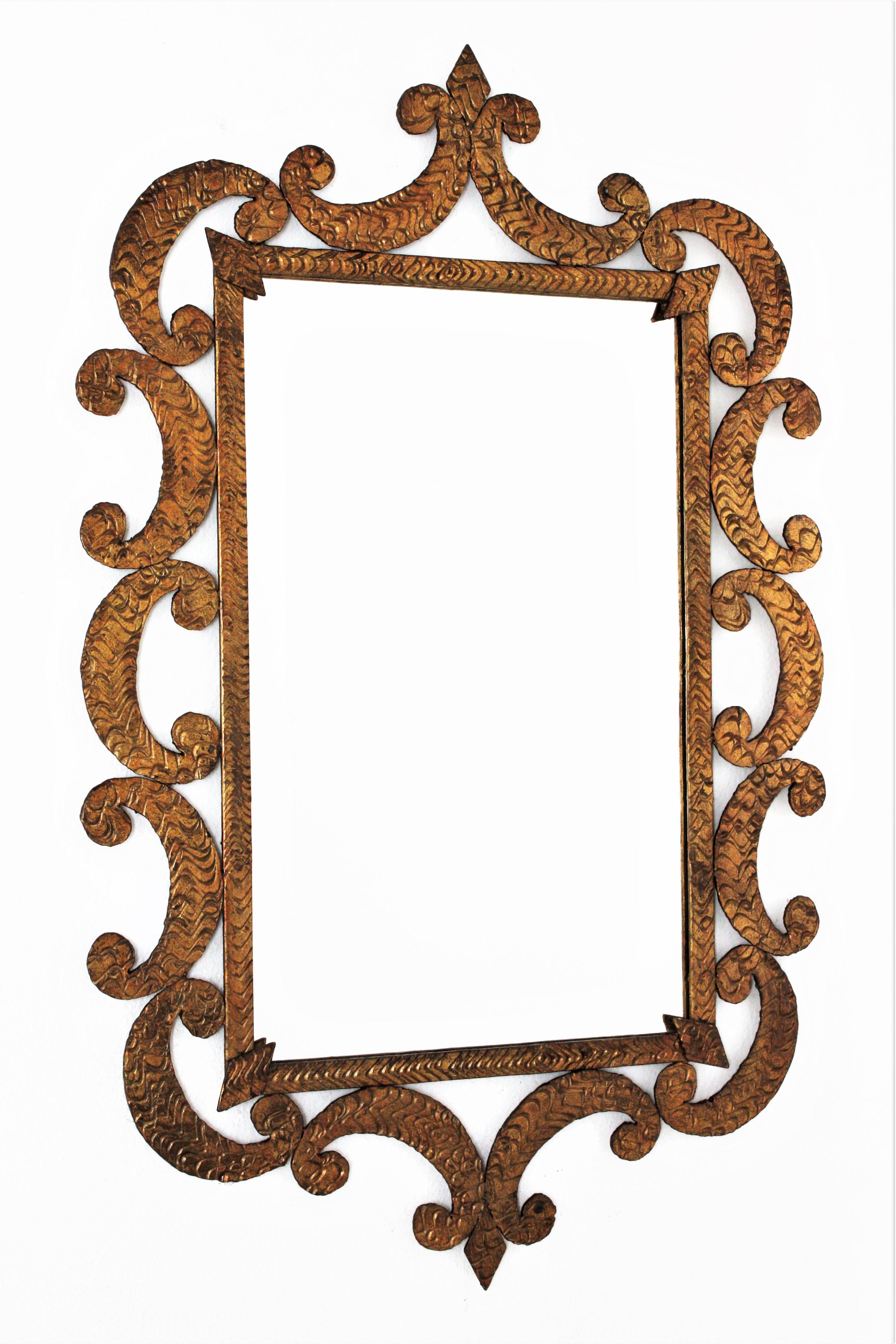 20th Century Art Deco Wrought Gilt Iron Mirror with Scroll Detailing, France, 1930s