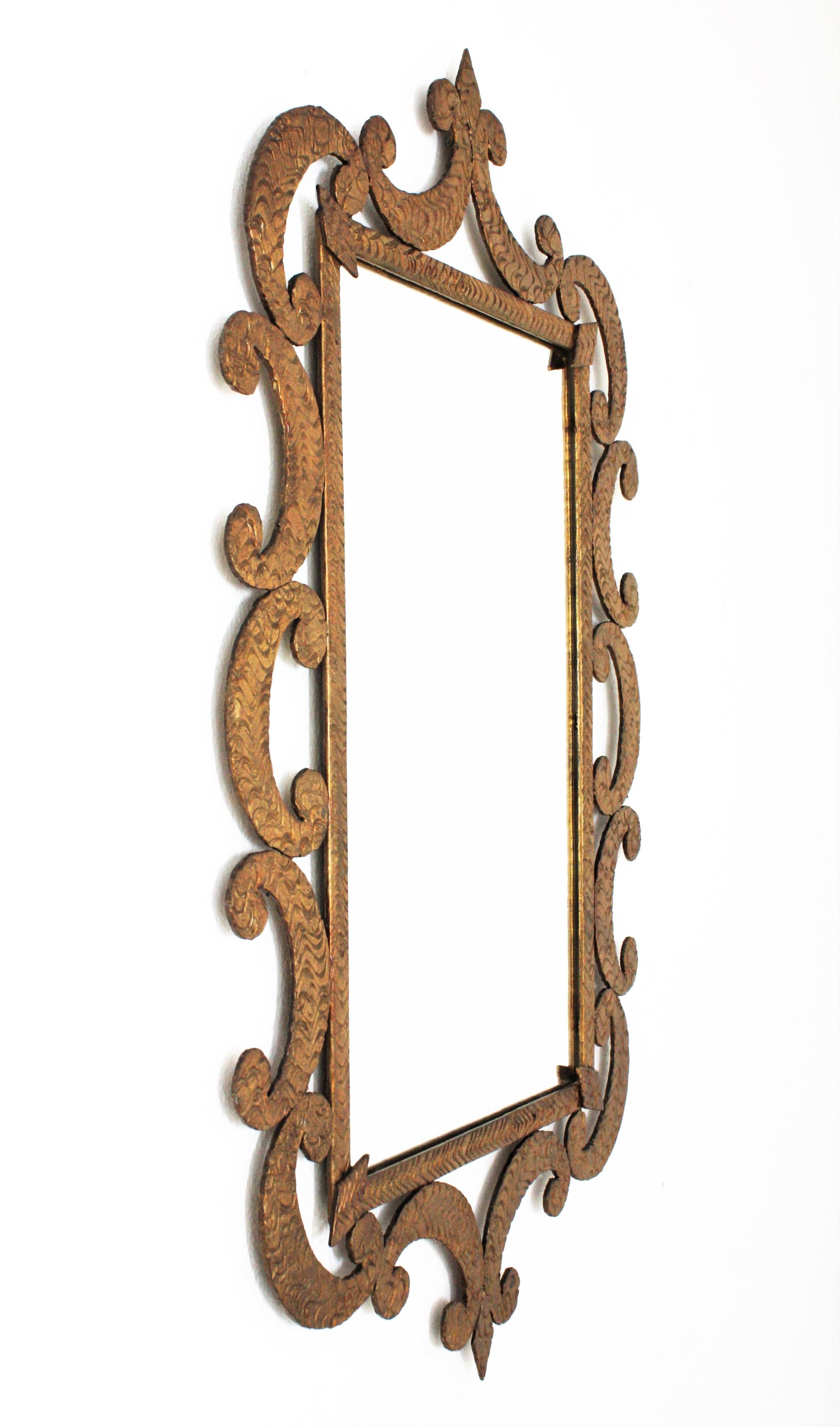 Wrought Iron Art Deco Wrought Gilt Iron Mirror with Scroll Detailing, France, 1930s