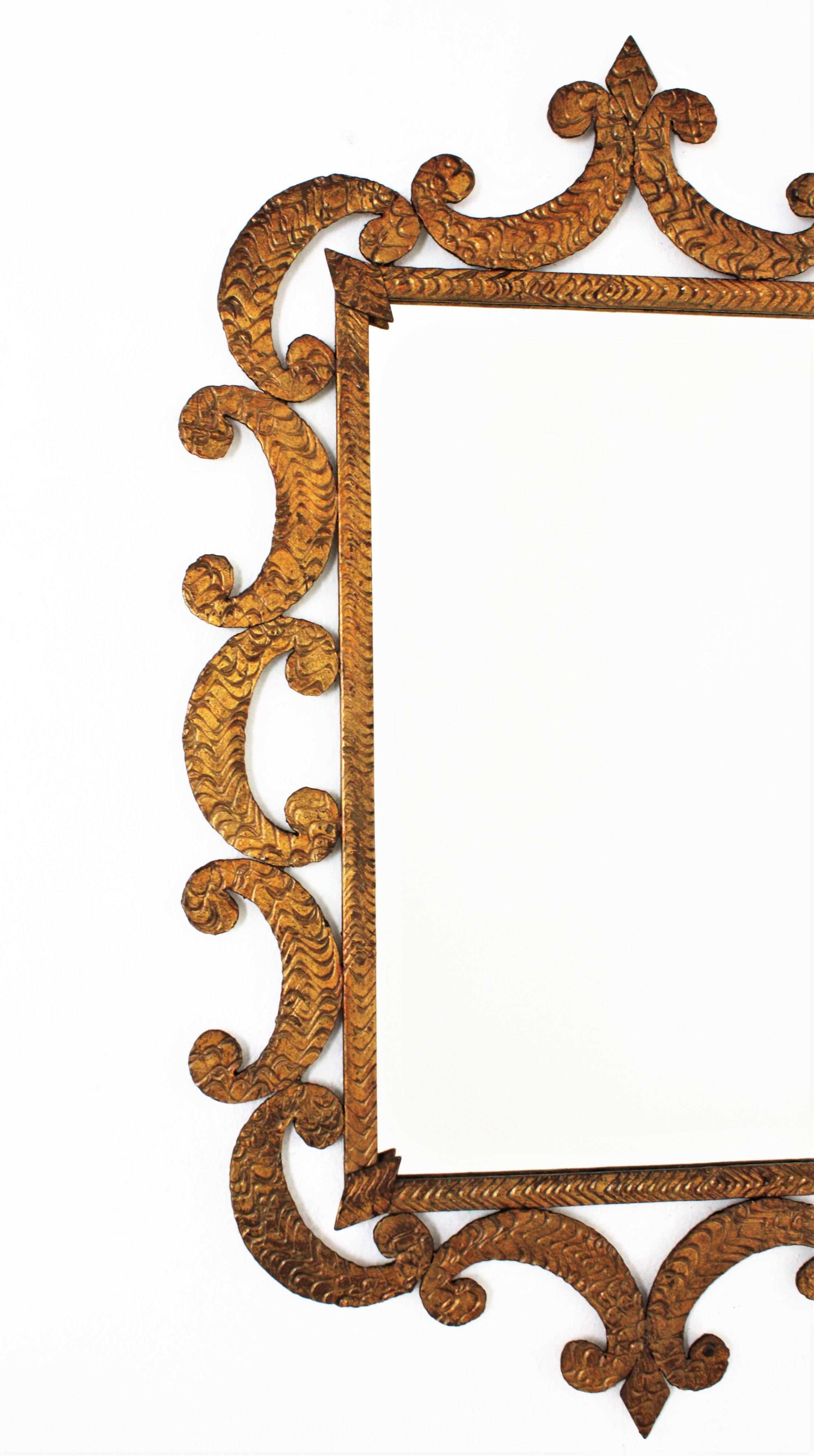 Art Deco Wrought Gilt Iron Mirror with Scroll Detailing, France, 1930s 1