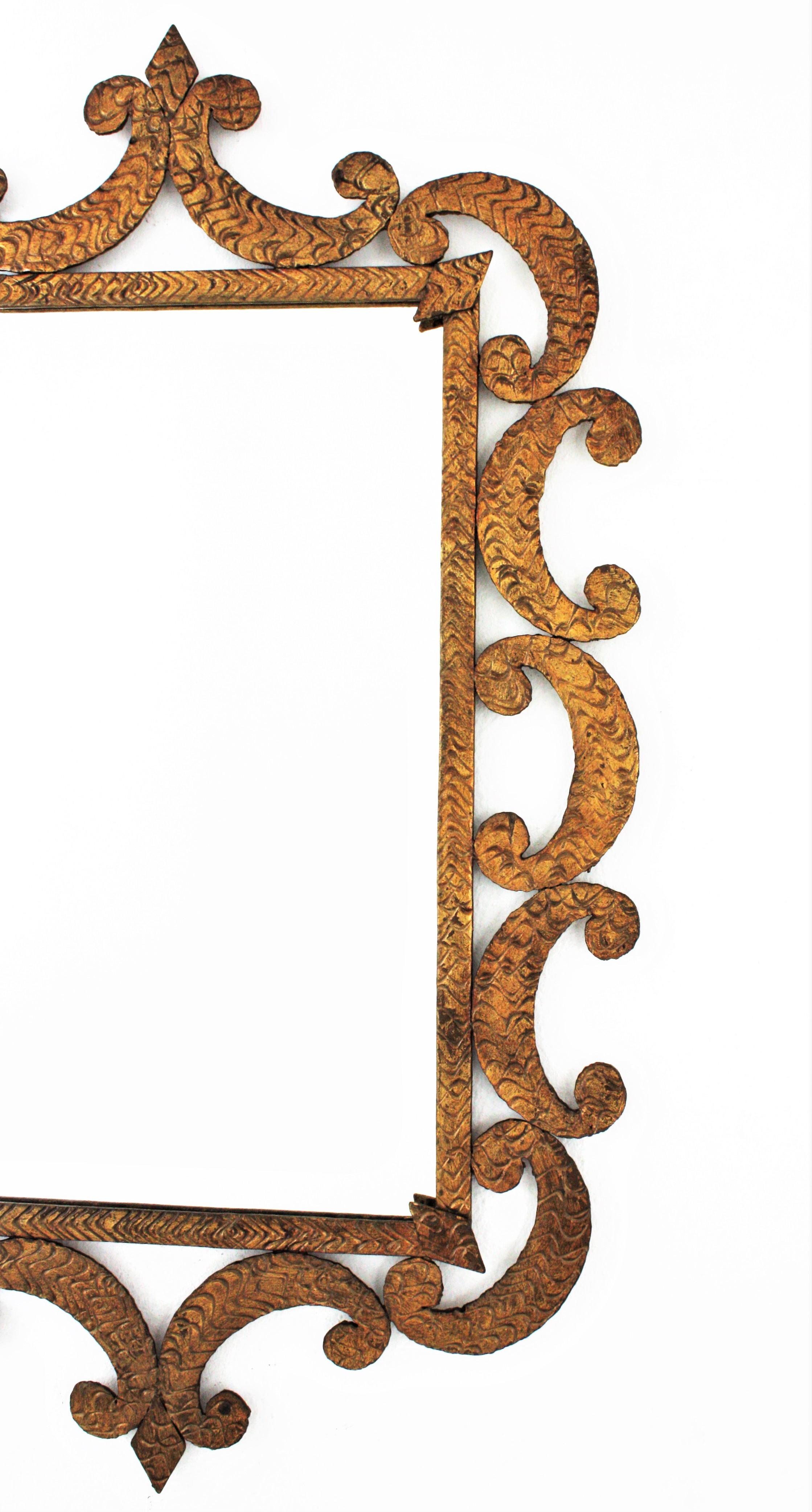 Art Deco Wrought Gilt Iron Mirror with Scroll Detailing, France, 1930s 2