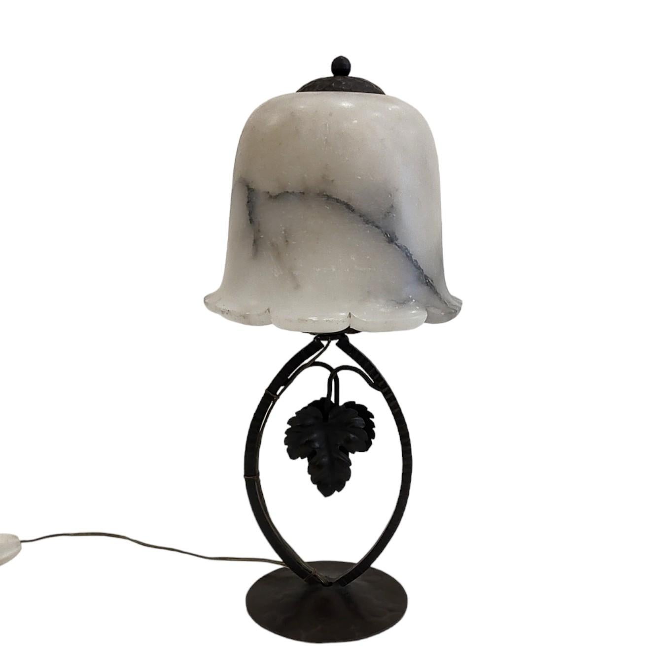 French Art Deco Wrought Iron Alabaster Table Lamp, 1920s For Sale