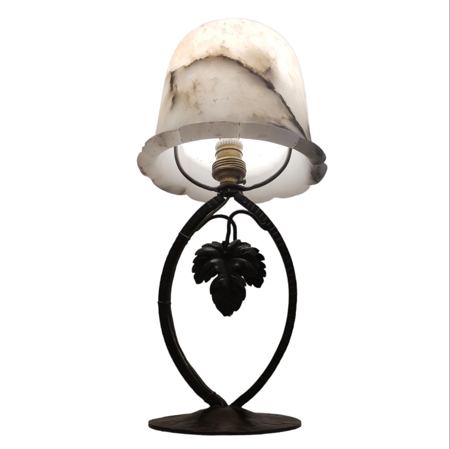 Art Deco Wrought Iron Alabaster Table Lamp, 1920s For Sale 1