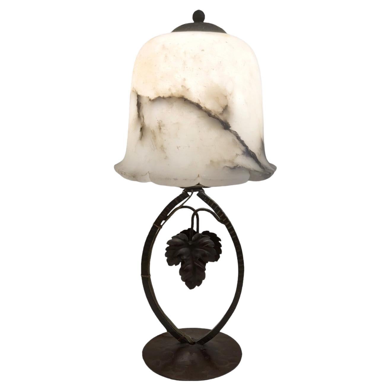Art Deco Wrought Iron Alabaster Table Lamp, 1920s For Sale