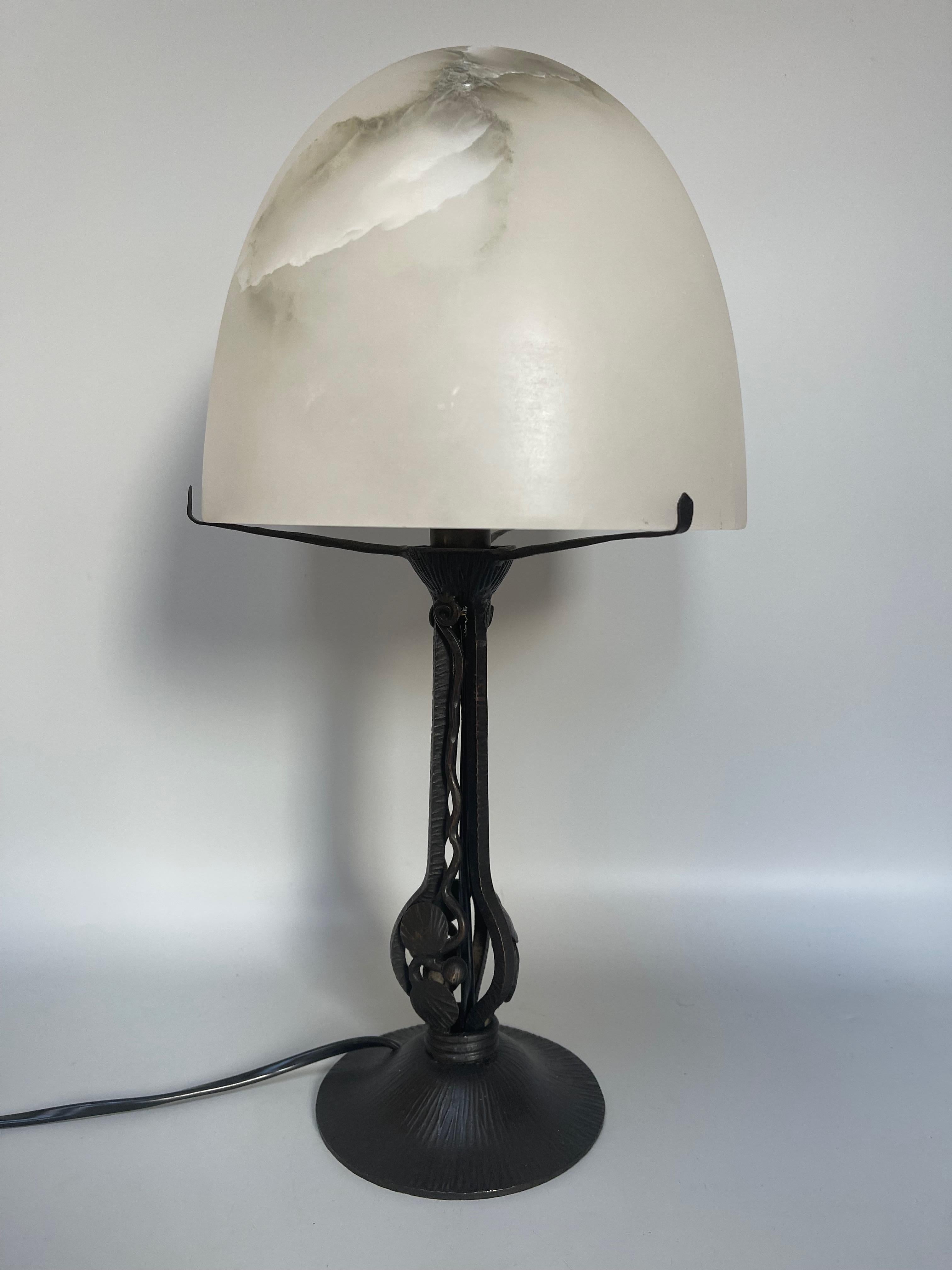 French Art Deco Wrought Iron And Alabaster Lamp