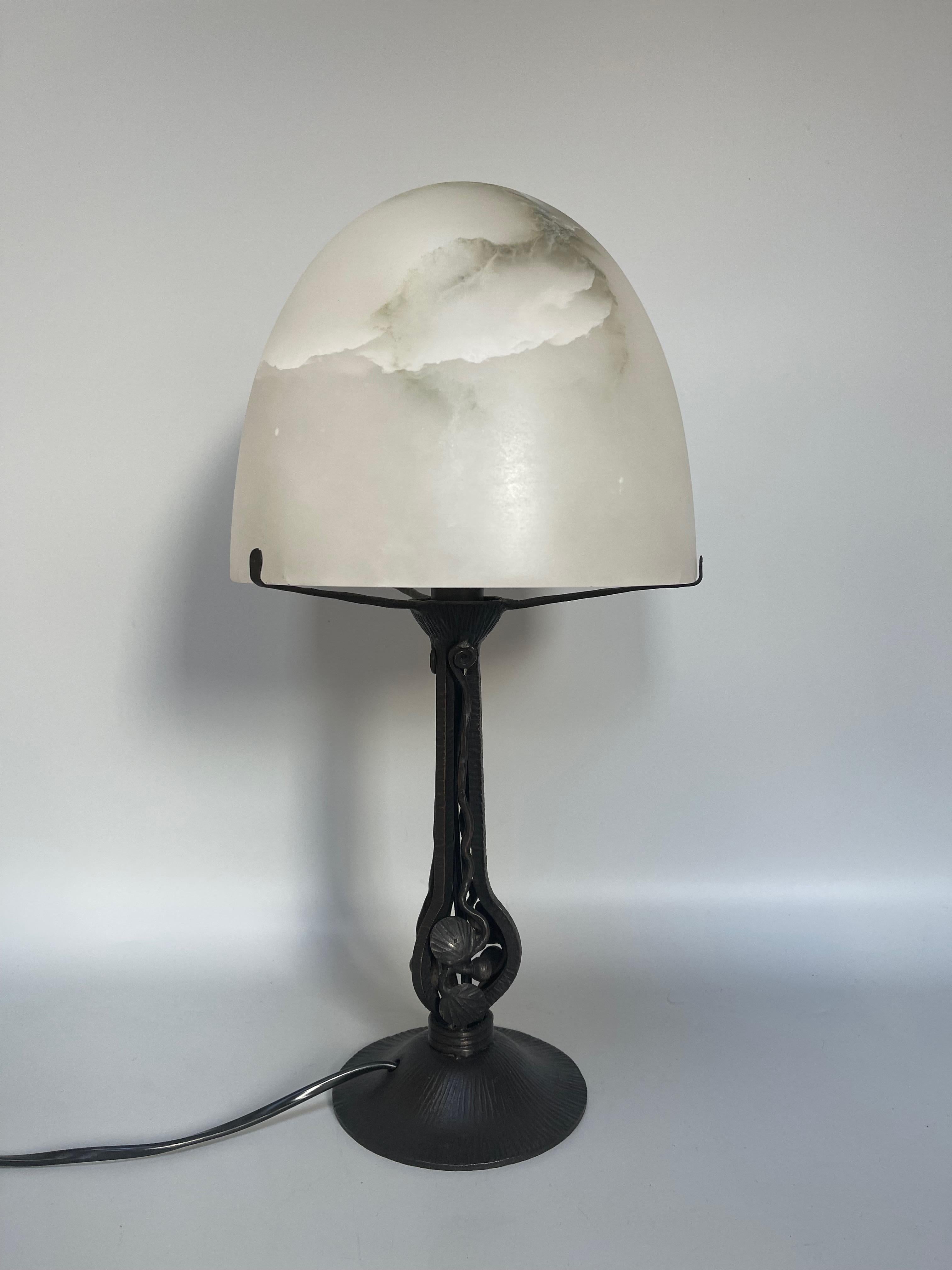 20th Century Art Deco Wrought Iron And Alabaster Lamp