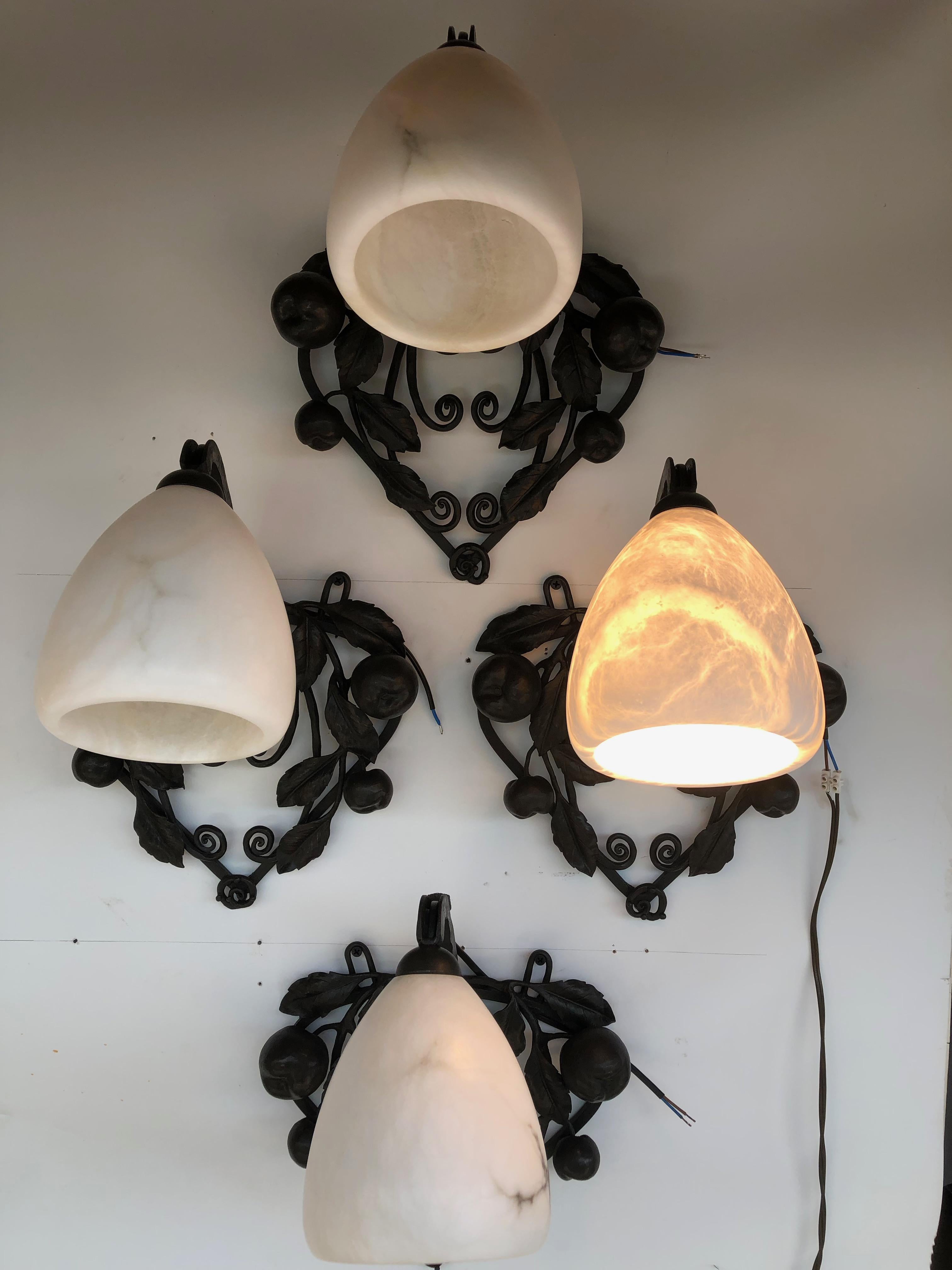 Art Deco Wrought Iron and Alabaster Sconces Suite of 4 For Sale 6
