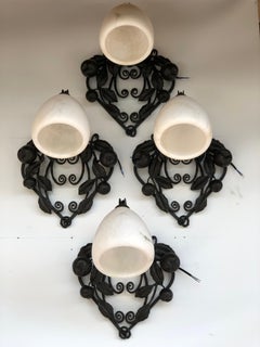 Art Deco Wrought Iron and Alabaster Sconces Suite of 4