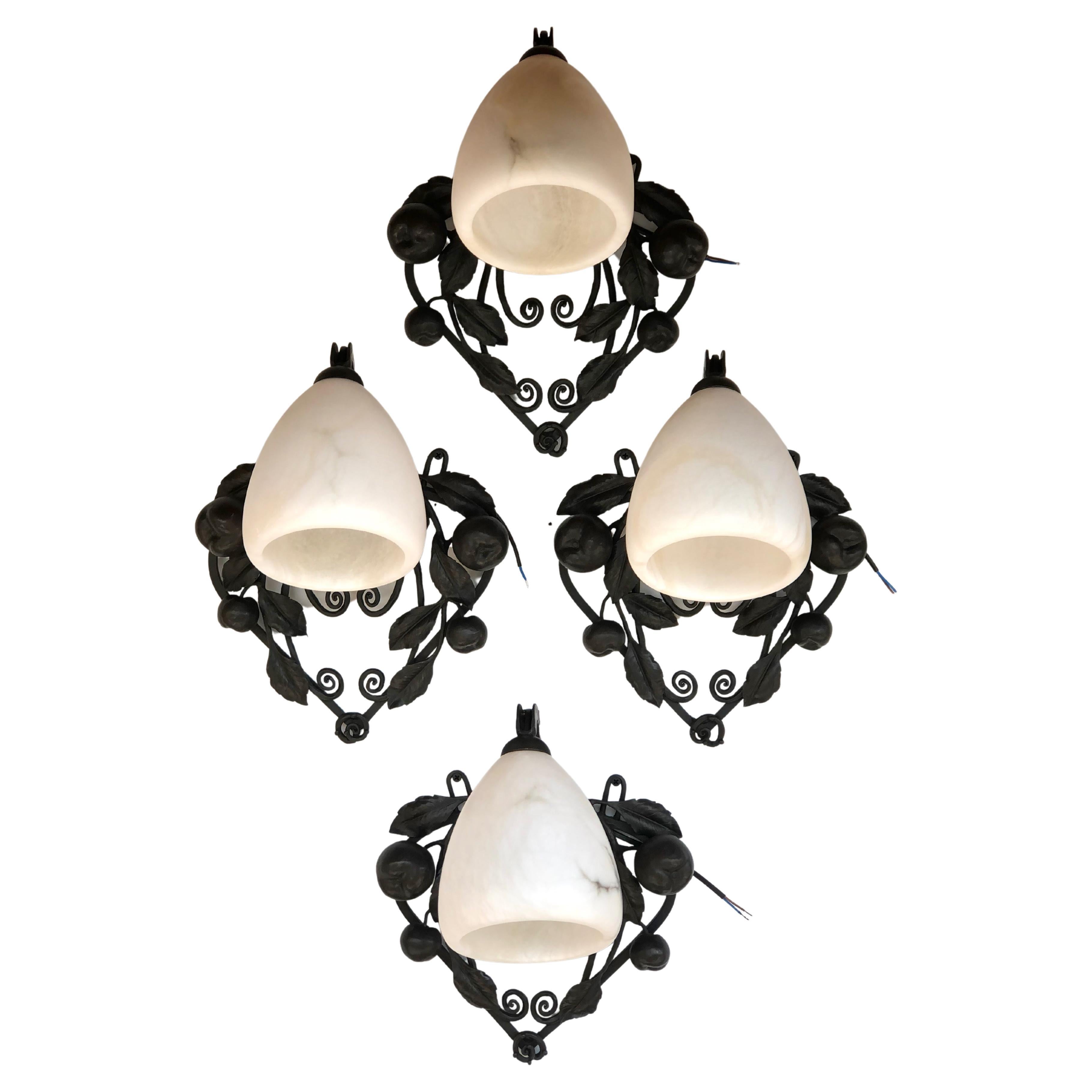 Art Deco Wrought Iron and Alabaster Sconces Suite of 4