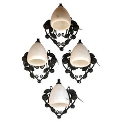 Art Deco Wrought Iron and Alabaster Sconces Suite of 4