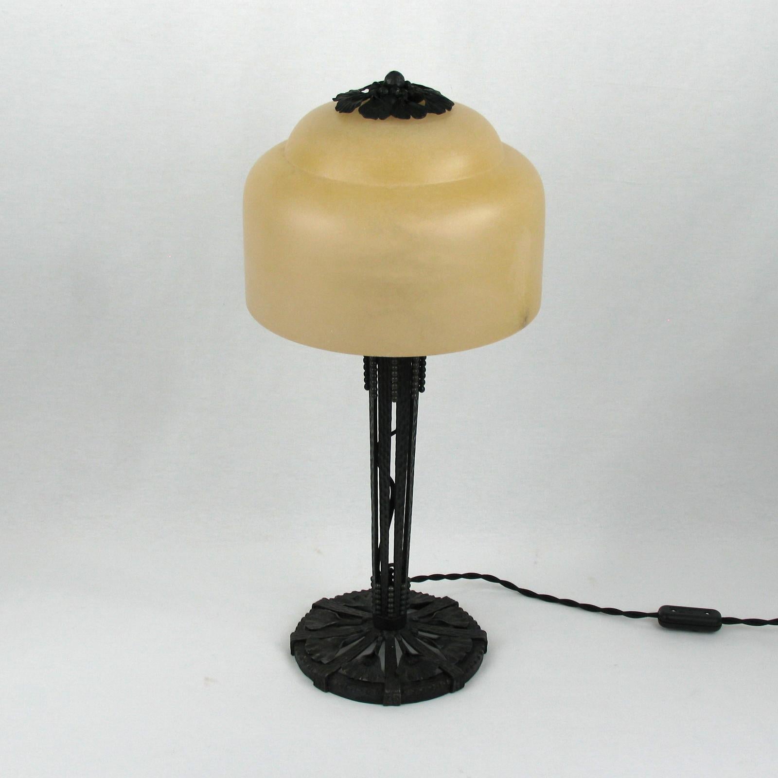 Art Deco Wrought Iron and Alabaster Shade Table Lamp by Edgar Brandt For Sale 5