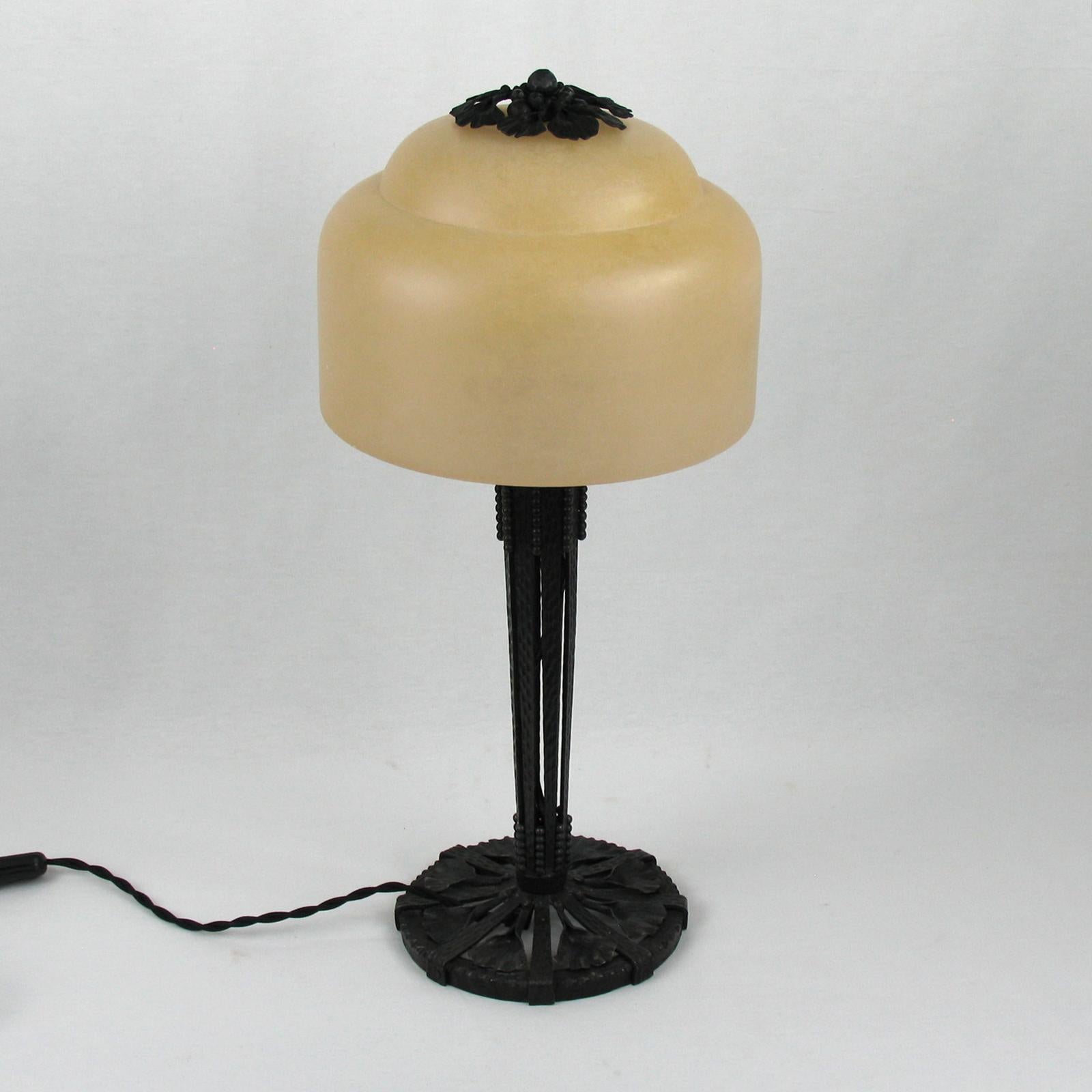 Art Deco Wrought Iron and Alabaster Shade Table Lamp by Edgar Brandt For Sale 6