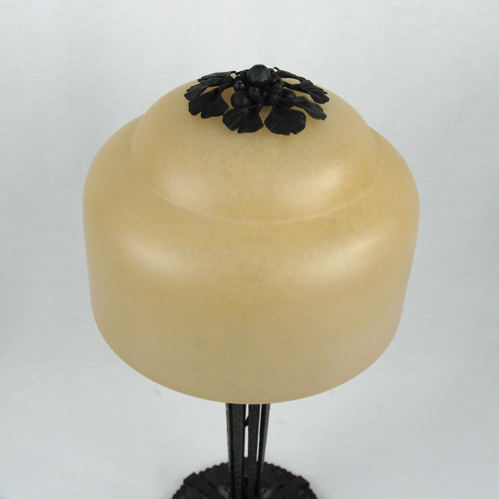 Art Deco Wrought Iron and Alabaster Shade Table Lamp by Edgar Brandt For Sale 7