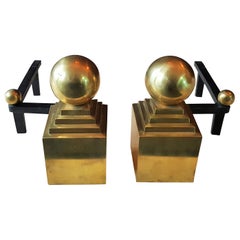 Art Deco Wrought Iron and Brass Pair of Andirons by Jacques Adnet, France, 1940