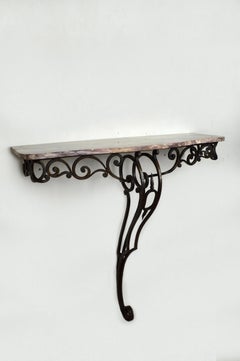 Art Deco Wrought Iron and Marble-Top Wall Console Table, France, circa 1940