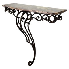 Art Deco Wrought Iron and Marble-Top Wall Console Table, France, circa 1940