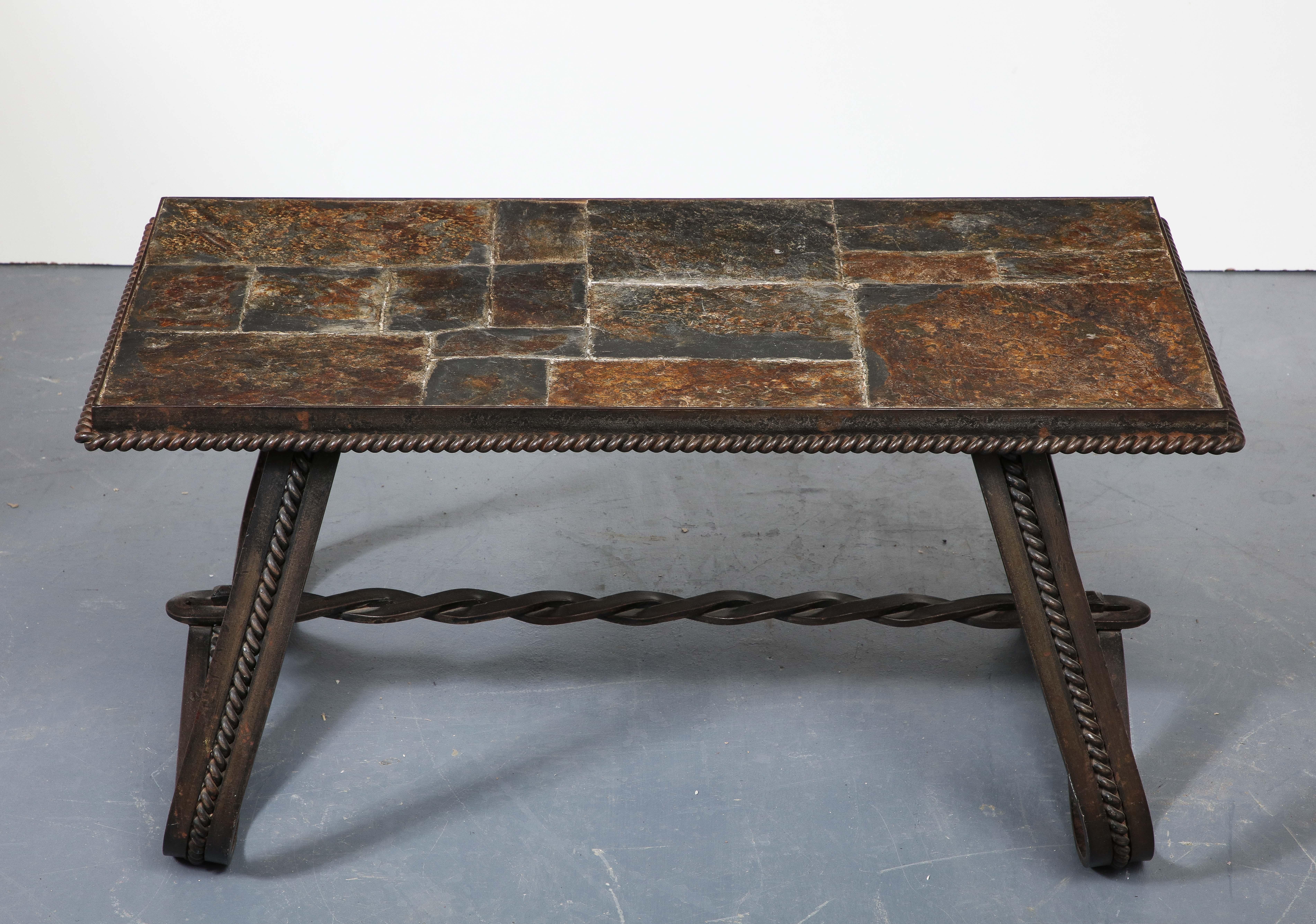 French Art Deco Wrought Iron and Slate Coffee Table, France, circa 1930 For Sale