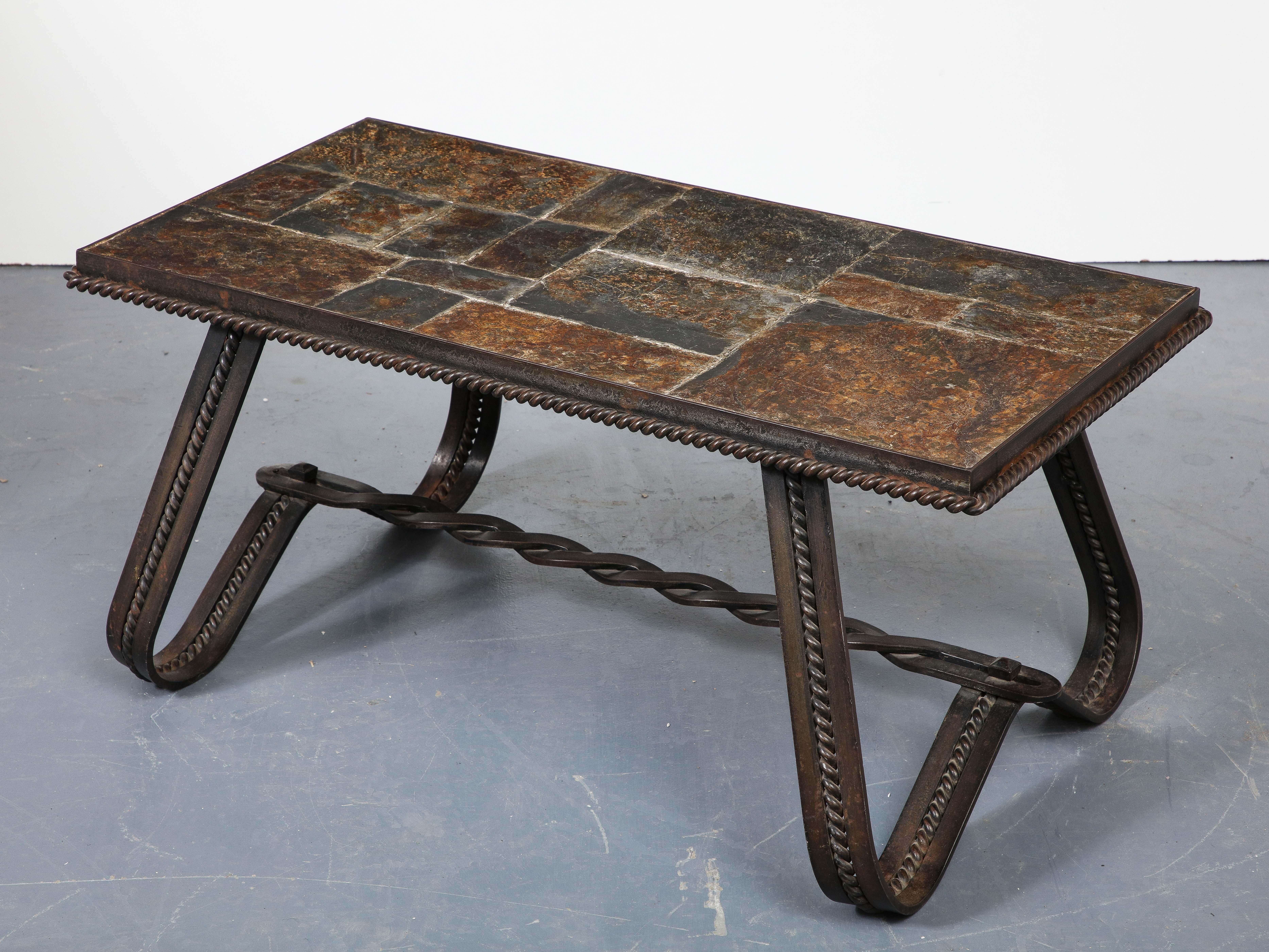 Art Deco Wrought Iron and Slate Coffee Table, France, circa 1930 In Good Condition For Sale In New York City, NY