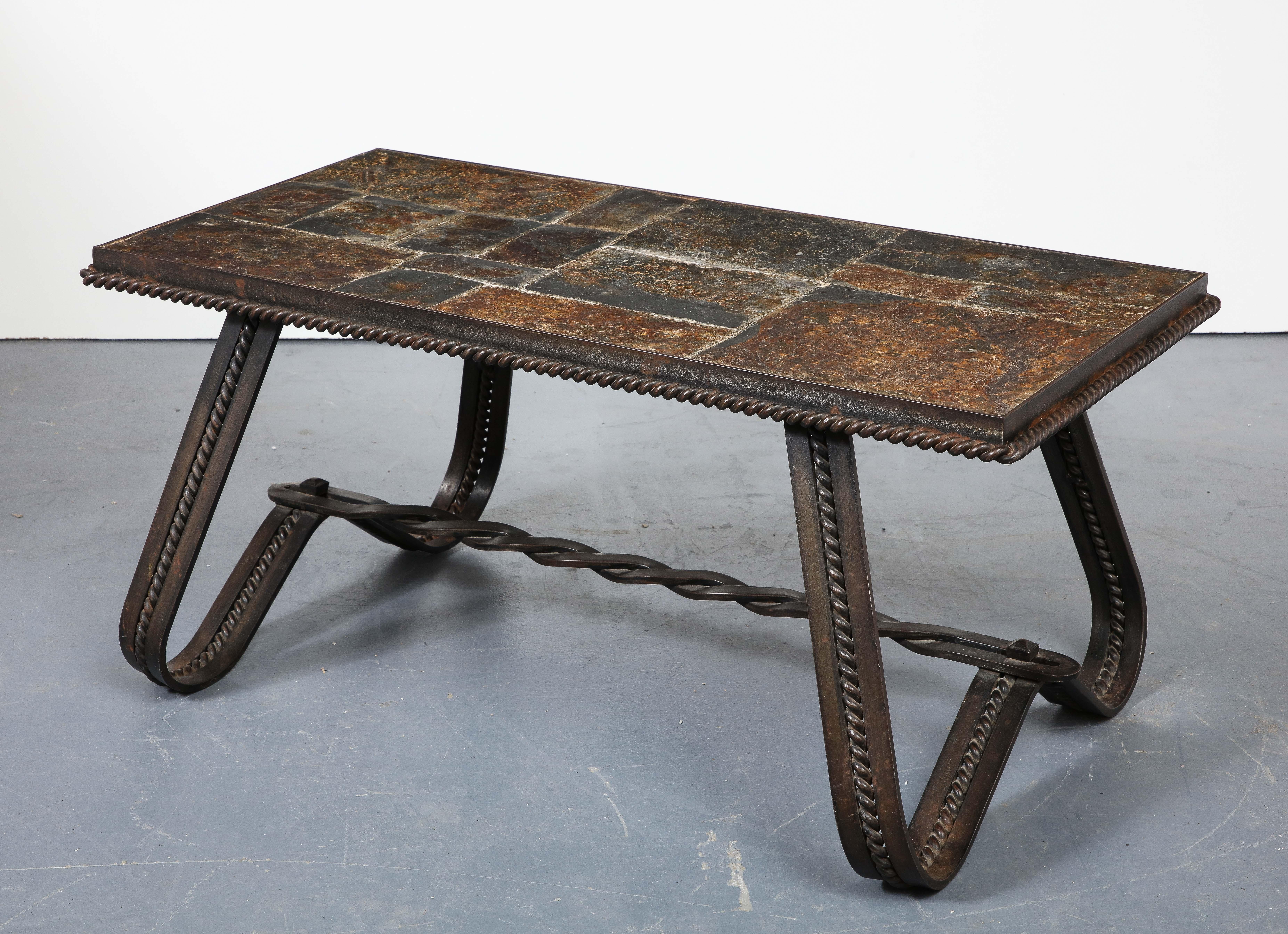 Mid-20th Century Art Deco Wrought Iron and Slate Coffee Table, France, circa 1930 For Sale