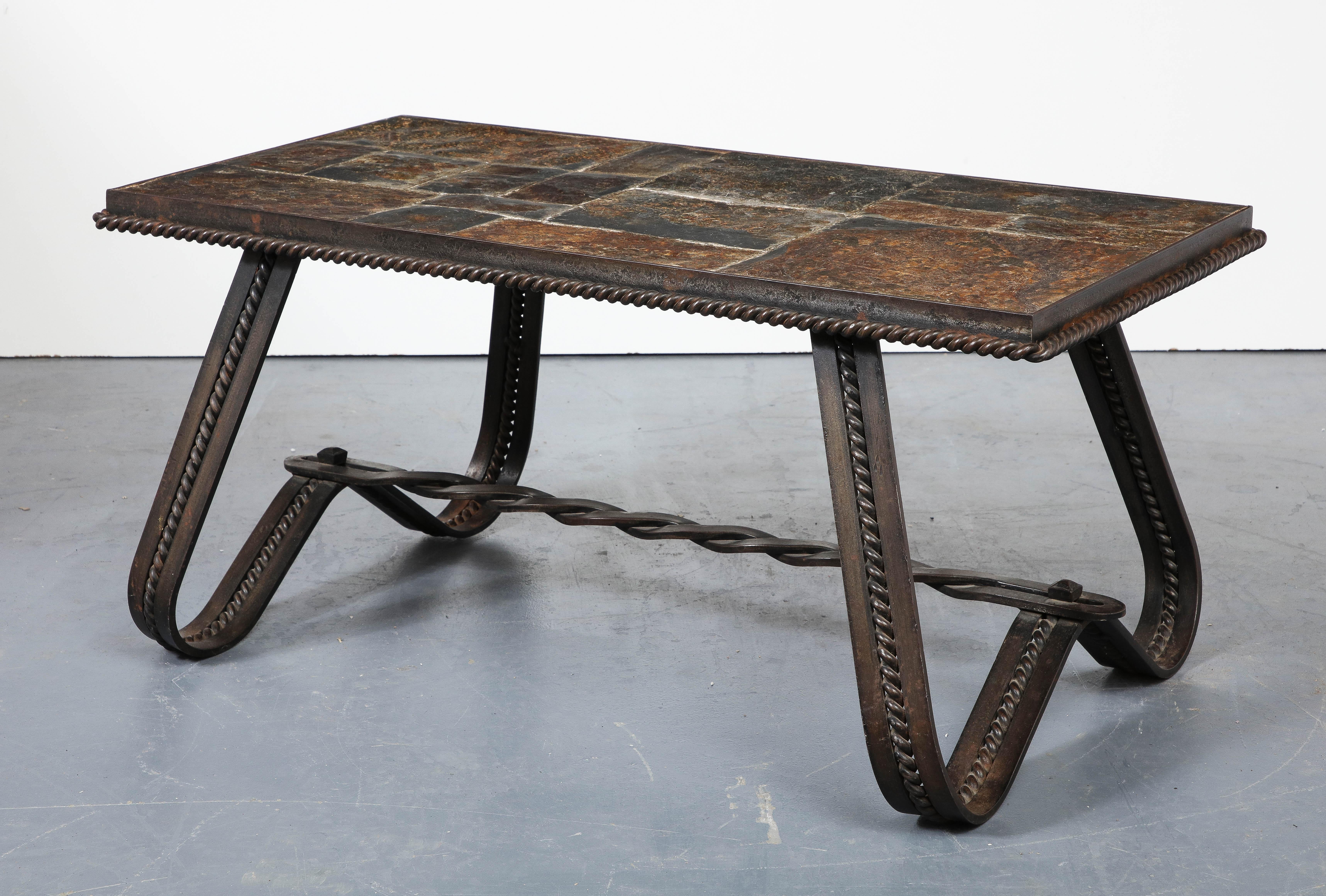 Art Deco Wrought Iron and Slate Coffee Table, France, circa 1930 For Sale 1