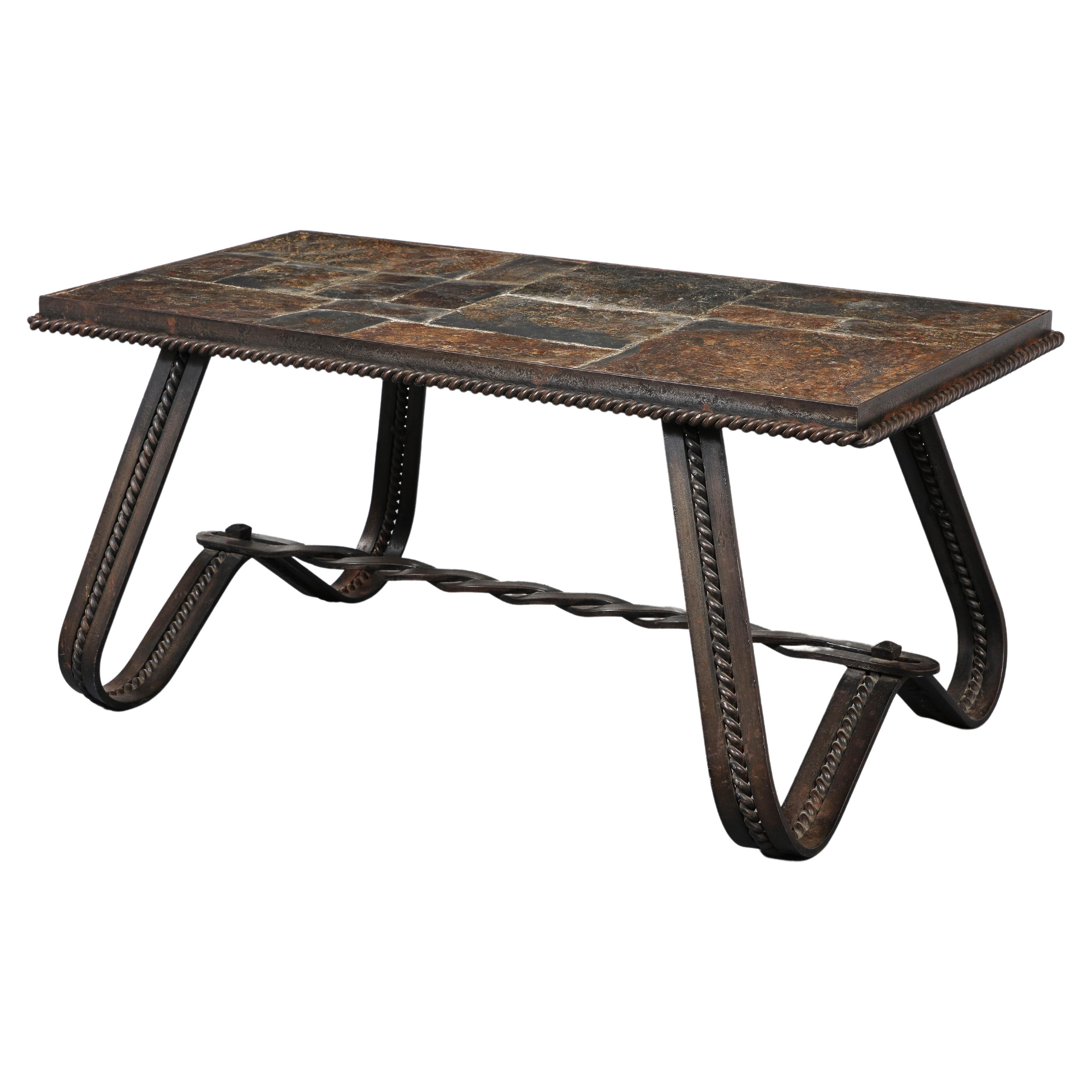 Art Deco Wrought Iron and Slate Coffee Table, France, circa 1930 For Sale