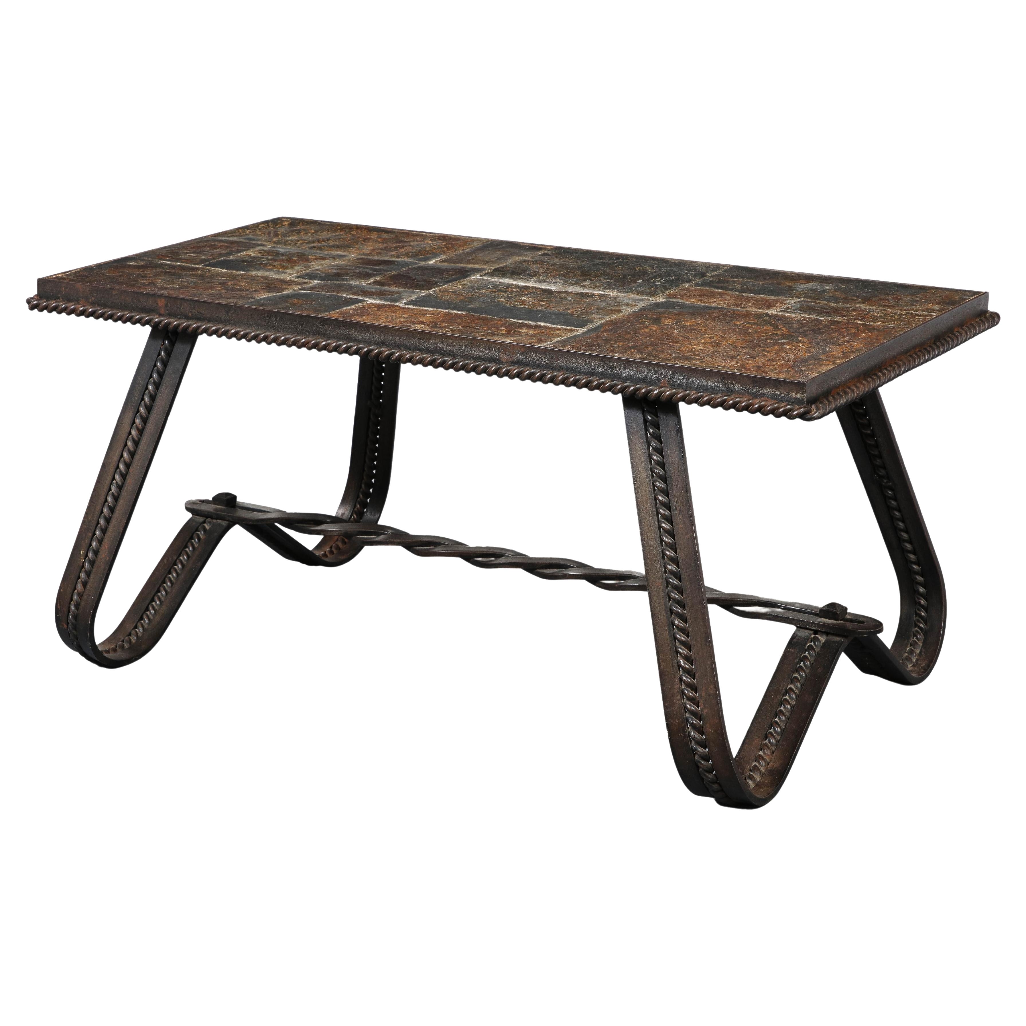 Art Deco Wrought Iron and Slate Tile Coffee Table, France, c. 1930 For Sale